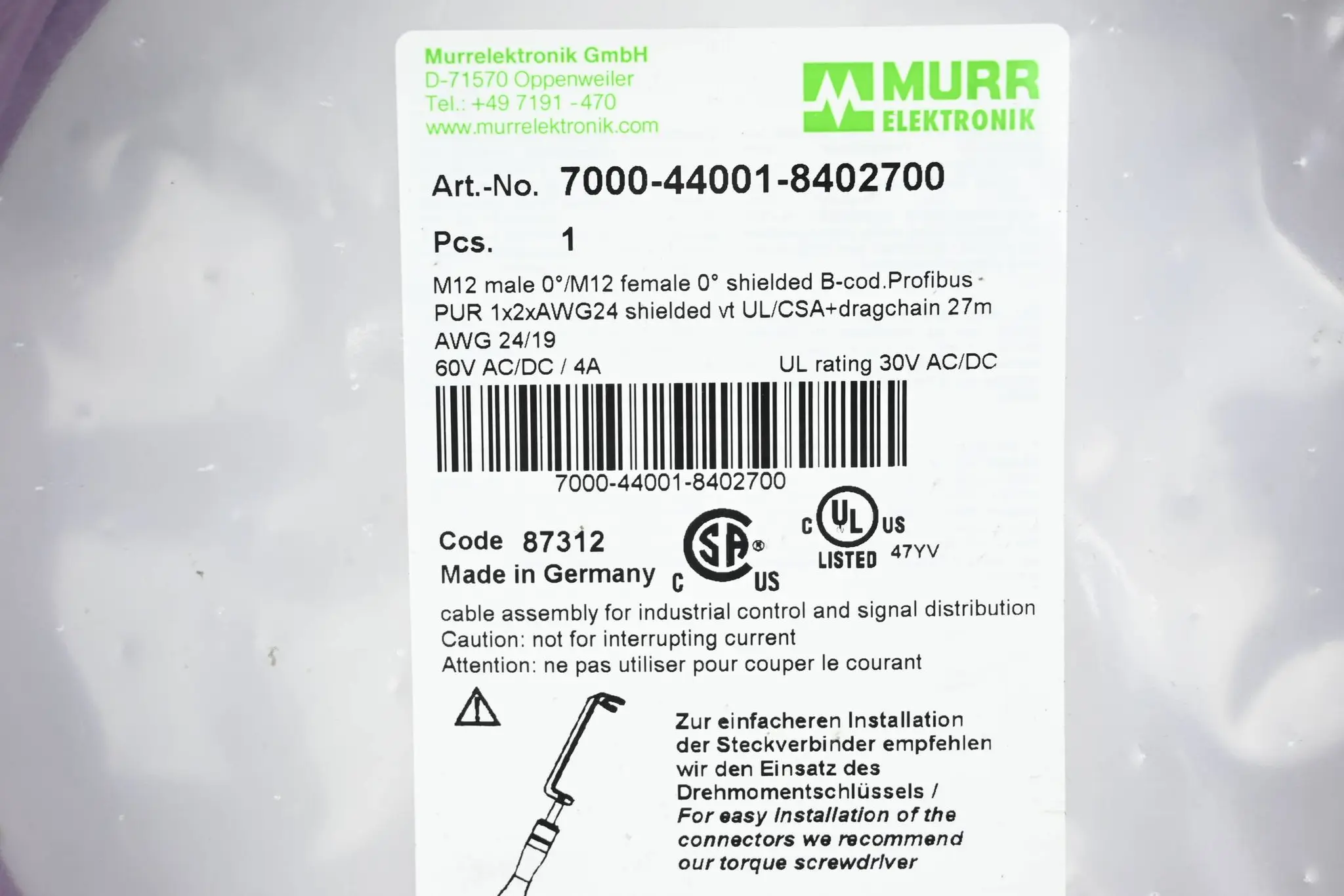 Produktfoto 1 von Murr Elektronik Verbindungskabel 7000-44001-8402700