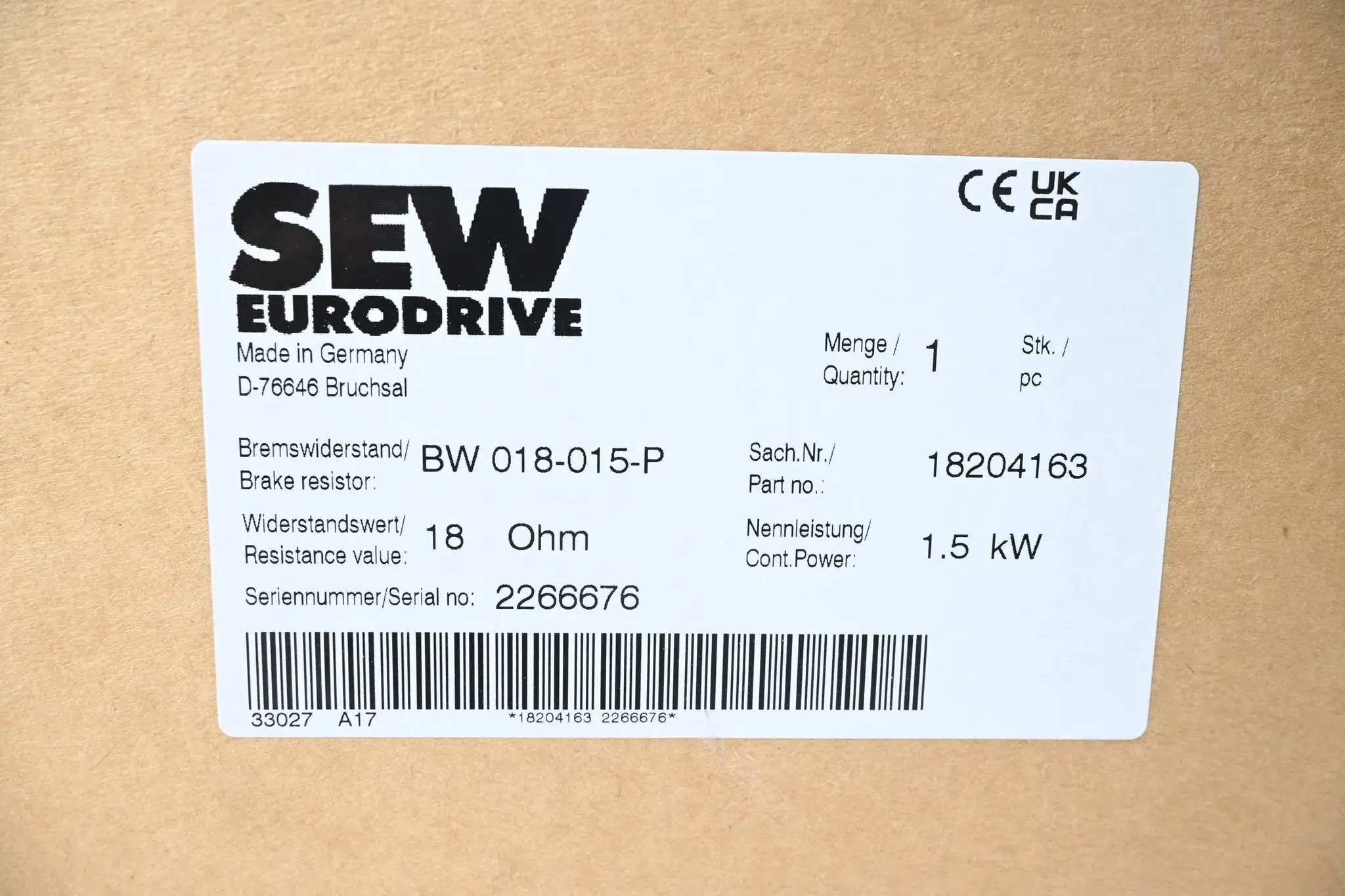 Produktfoto 1 von SEW-Eurodrive Bremswiderstand BW 018-015-P ( 18204163 )