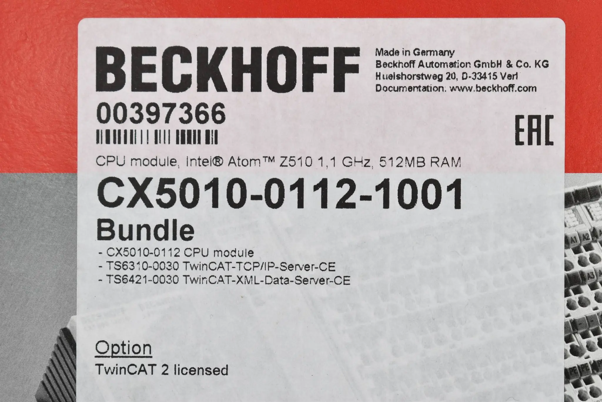 Produktfoto 1 von Beckhoff CPU module IntelAtom Z510 1,1Ghz CX5010-0112-1001 ( CX 5010-0112-1001 )