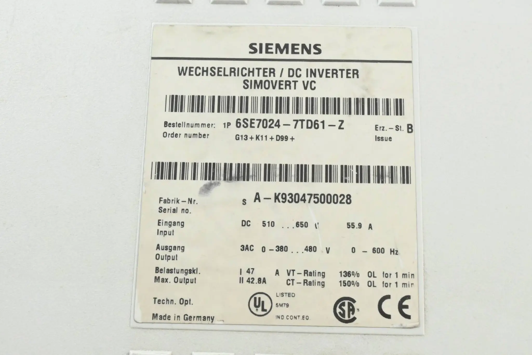 Produktfoto 1 von Siemens Simovert Wechselrichter 6SE7024-7TD61-Z ( 6SE7 024-7TD61-Z ) V.B