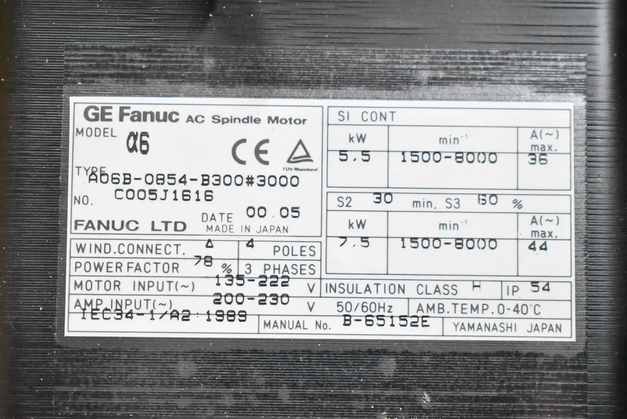 Produktfoto 1 von Fanuc AC Spindle Motor A06B-0854-B300#3000
