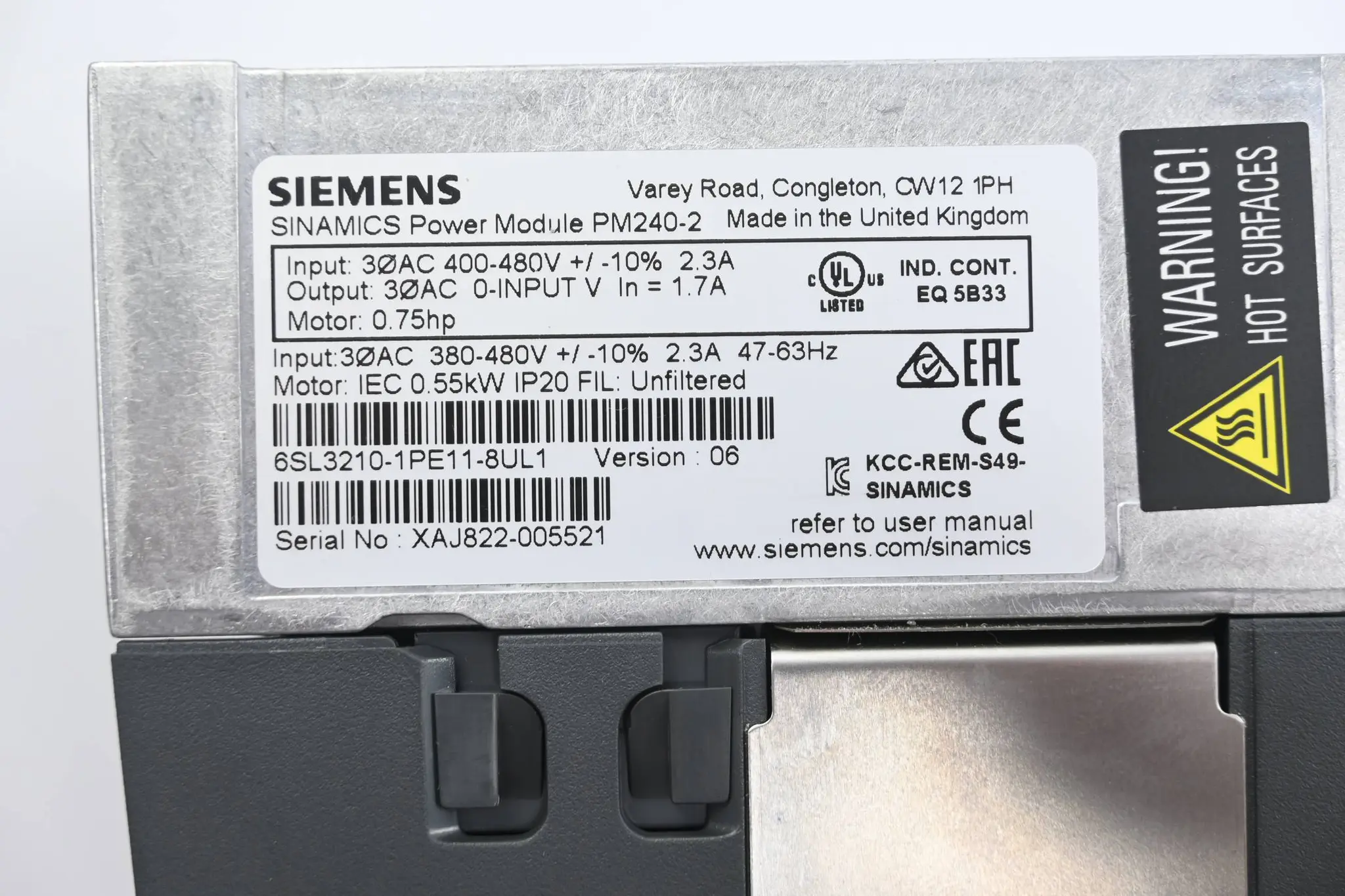 Produktfoto 1 von Siemens Sinamics PM240-2 6SL3210-1PE11-8UL1 ( 6SL3 210-1PE11-8UL1 ) Ver. 06