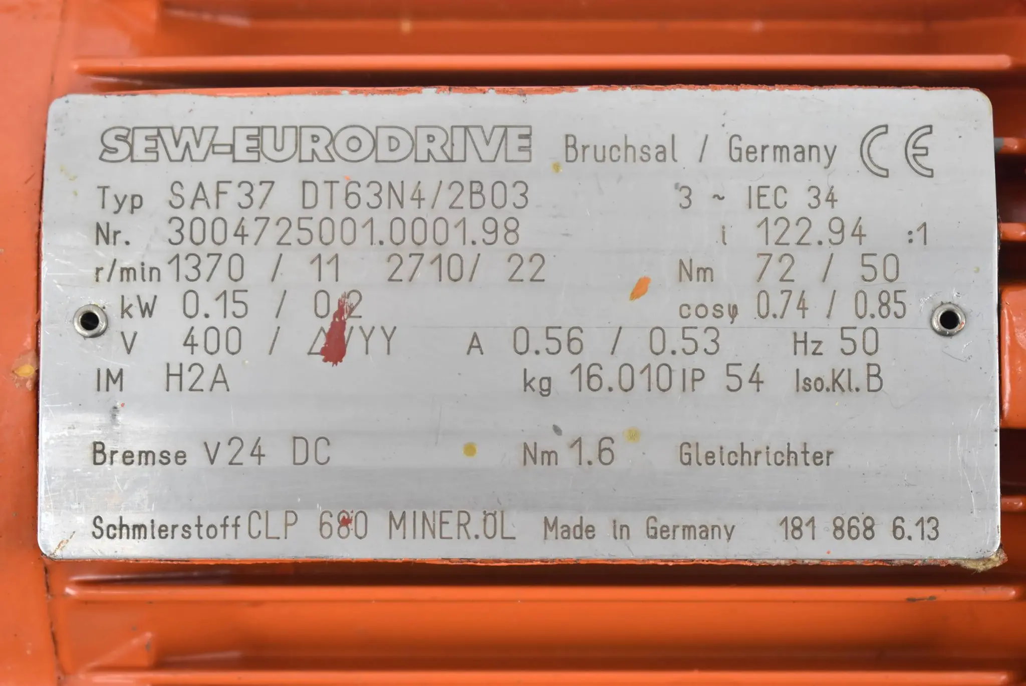 Produktfoto 1 von SEW Eurodrive Getriebemotor SAF37 DT63N4/2B03 ( SAF37DT63N4/2B03 ) 0,15kW