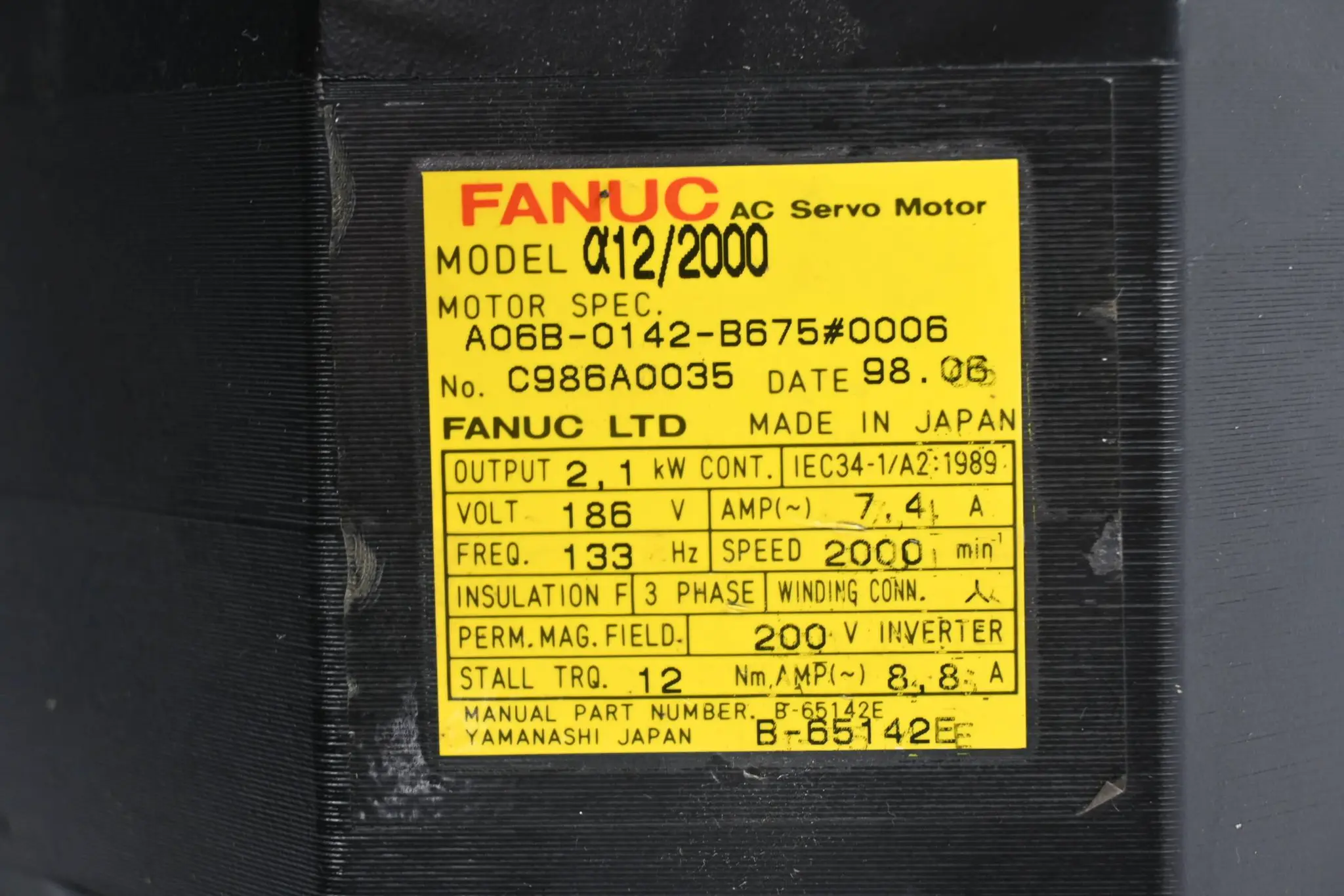 Fanuc AC Servomotor A06B-0142-B675#0006 inkl. Drehgeber A860-0360-V501