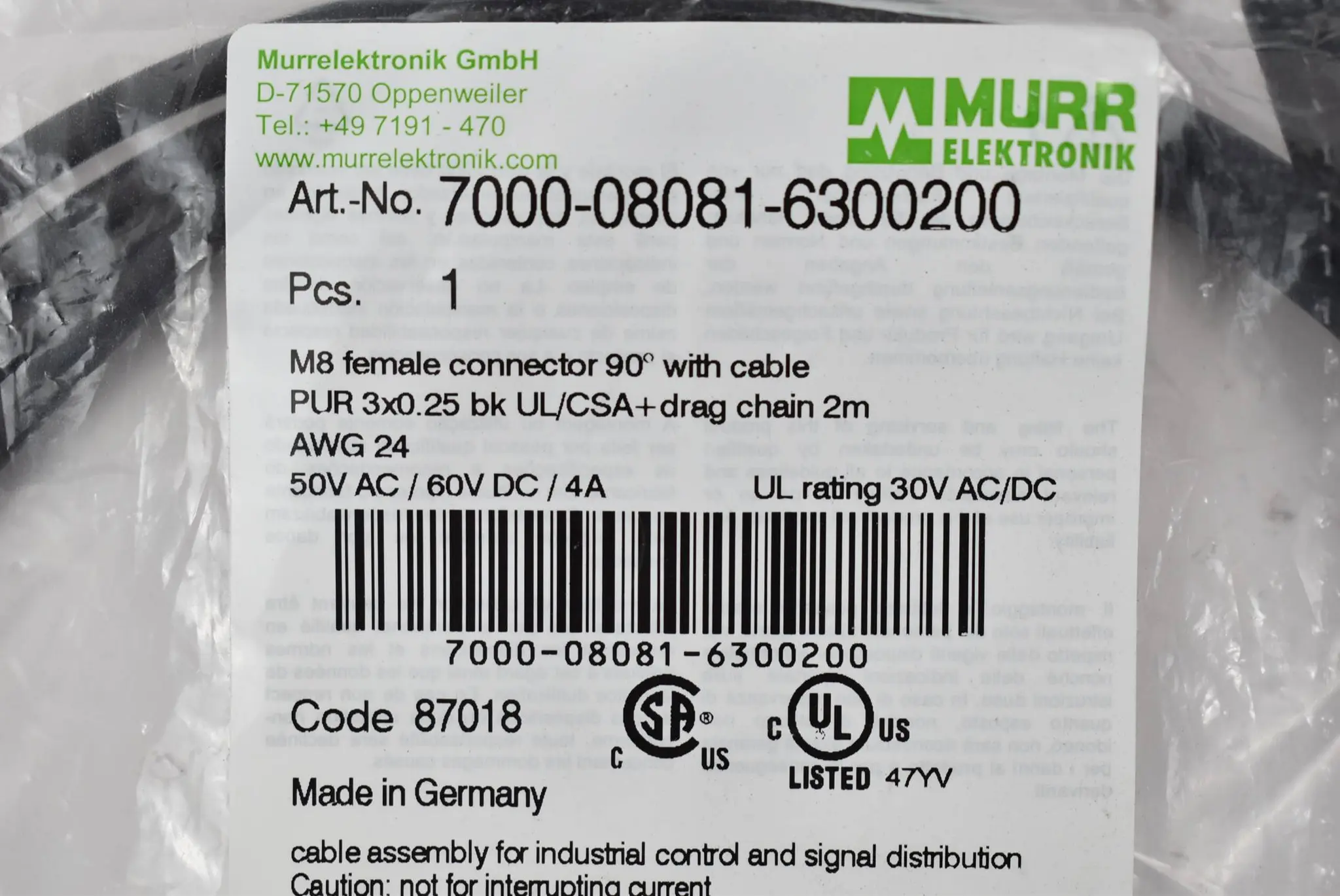 Produktfoto 1 von Murr Elektronik Verbindungsleitung 2m 50VAC 60VDC 4A 7000-08081-6300200