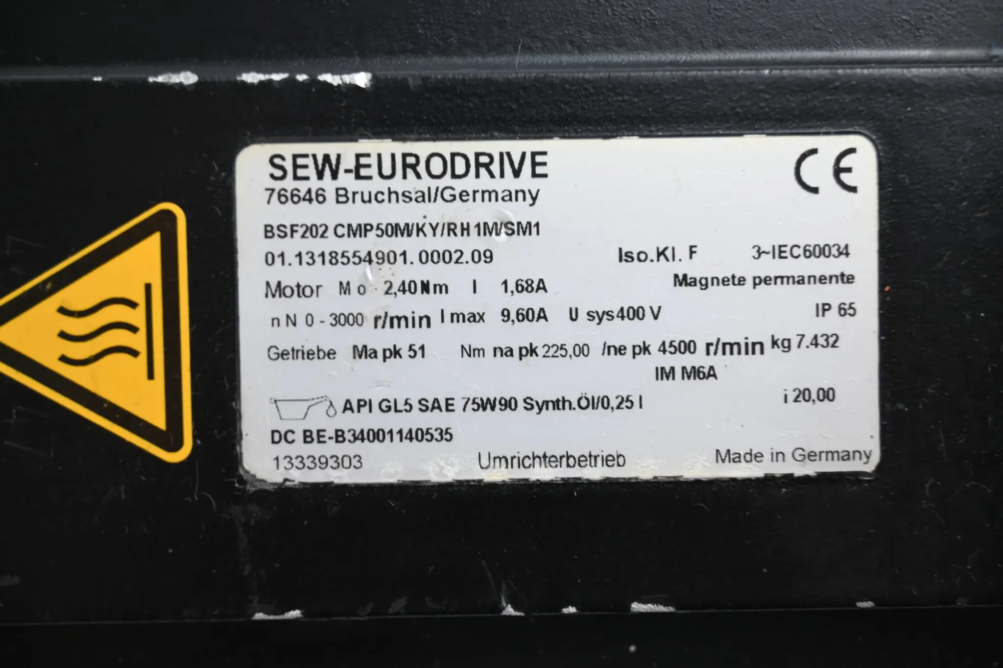 Produktfoto 1 von SEW-Eurodrive Servomotor BSF202 CMP50M/KY/RH1M/SM1 inkl. Getriebe