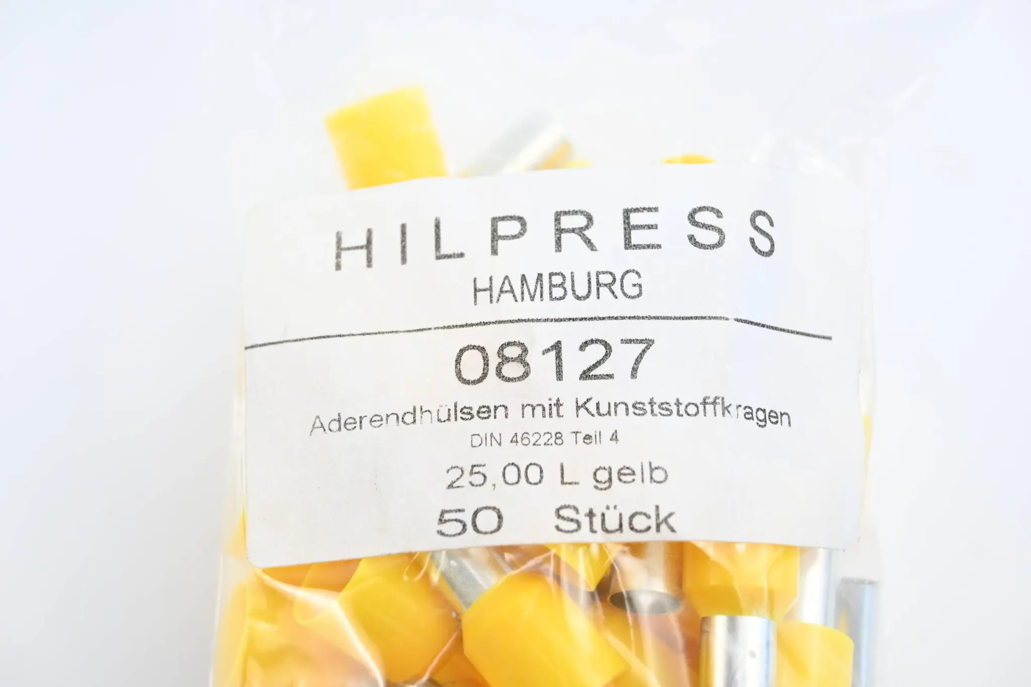Produktfoto 1 von Hilpress 50 Stück Aderendhülsen mit Kunststoffkragen 25,00 L gelb ( 08127 )