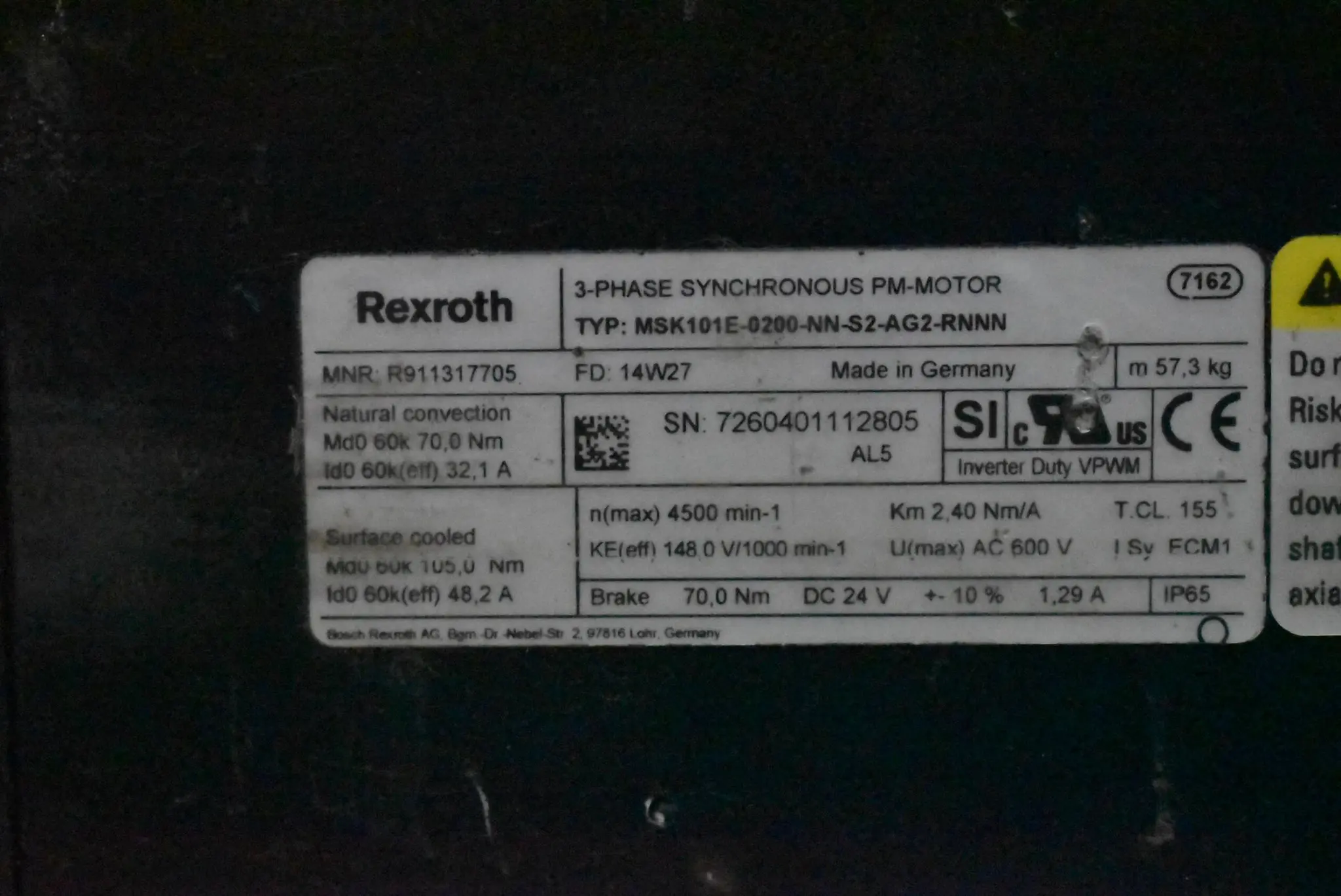 Produktfoto 1 von Rexroth Motor 70,0Nm 32,1A 4500rpm MSK101E-0200-NN-S2-AG2-RNNN ( R911317705 )