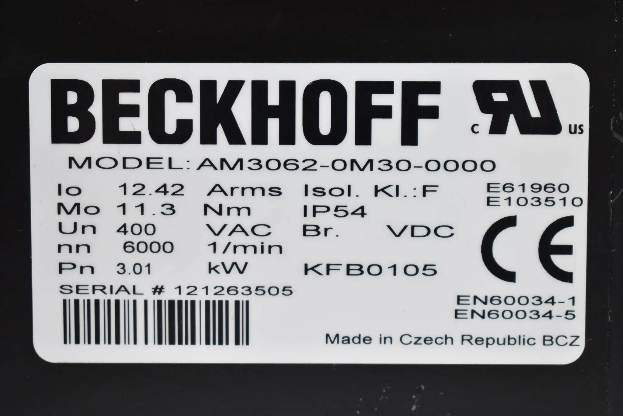 Produktfoto 1 von Beckhoff Servomotor 6000 1/min AM3062-0M30-0000