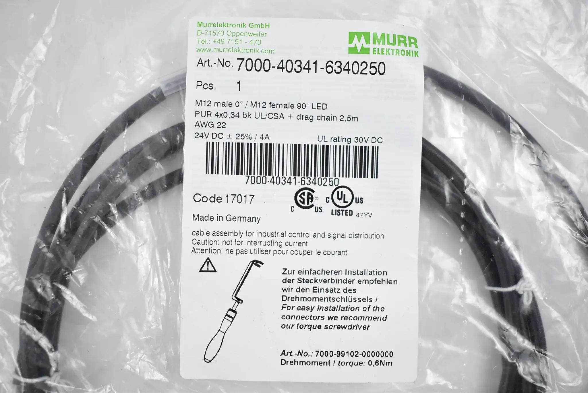 Murr Elektronik Verbindungskabel 7000-40341-6340250 ( M12 PUR 4x0,34 ) 2,5m