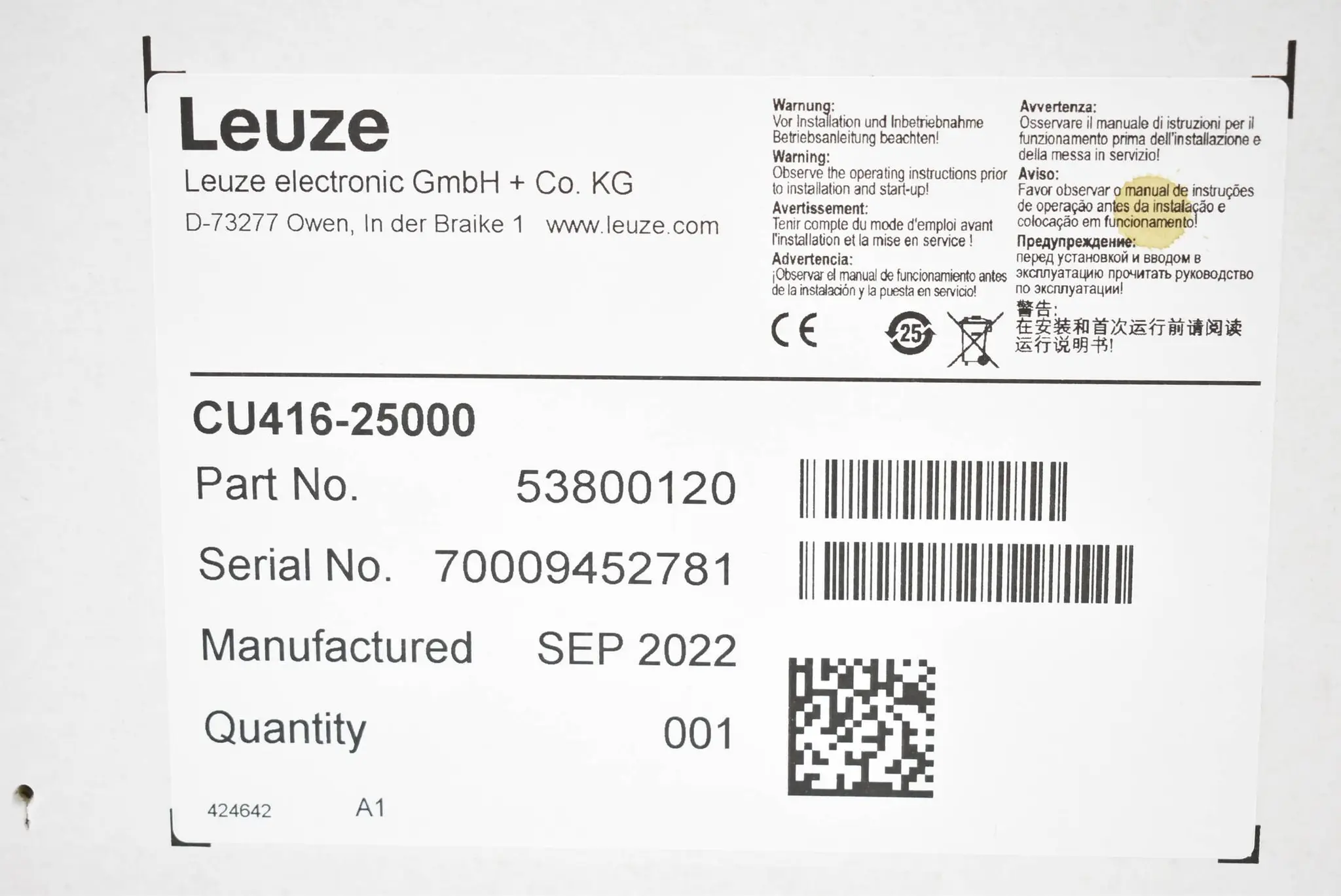 Produktfoto 1 von Leuze CU416-25000 Anschalteinheit ( 53800120 )