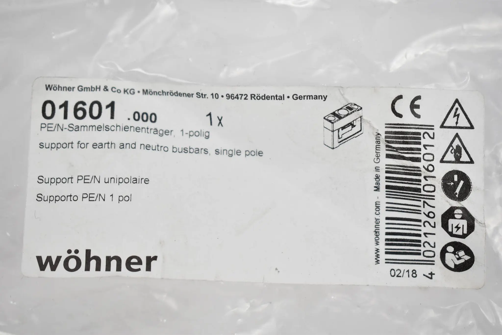 Produktfoto 1 von Wöhner PE/N-Sammelschienenträger 1-polig 01601.000
