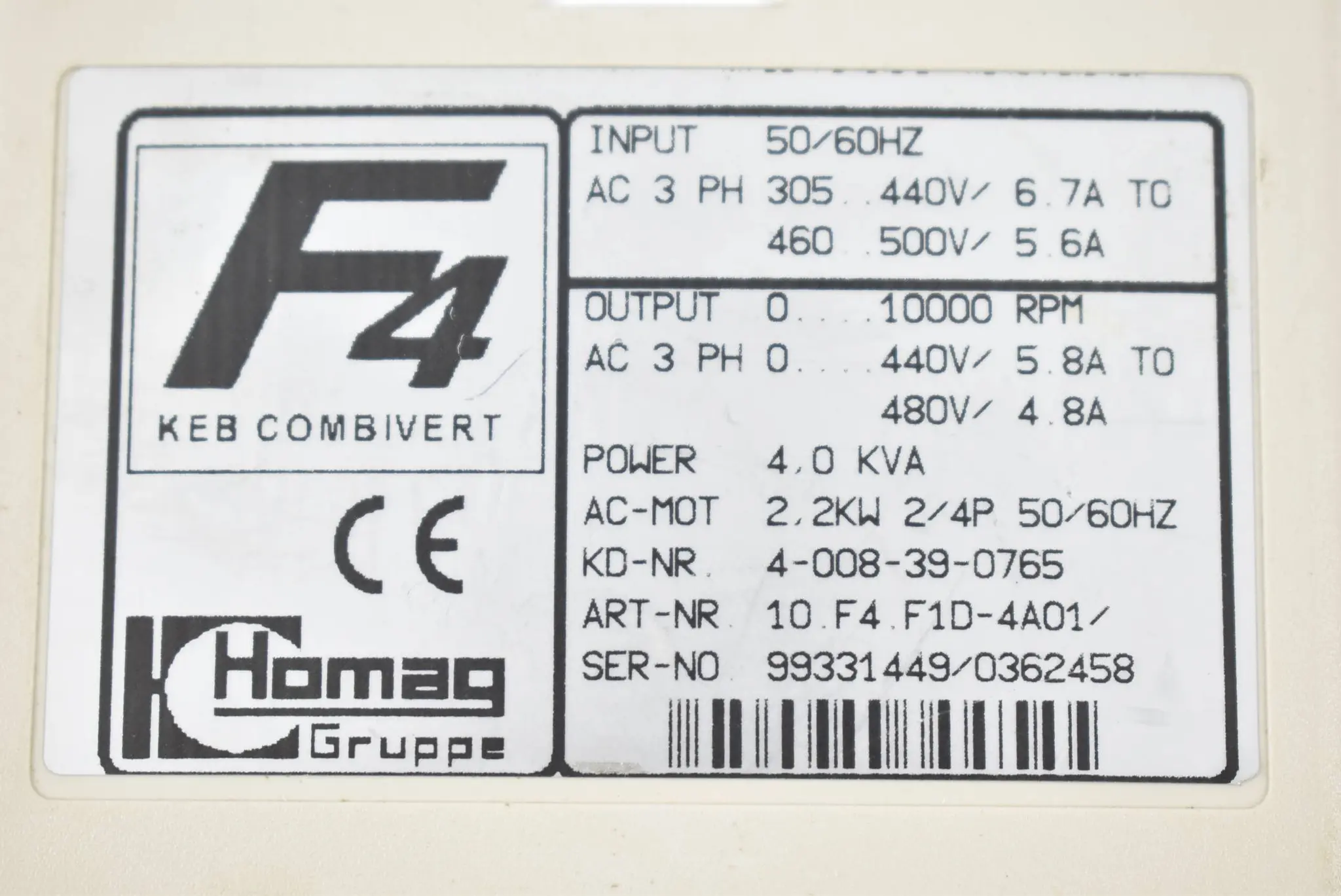 KEB Homag F4 Combivert 10.F4.F1D-4A01 + Filter + Display 00.F4.010-1009