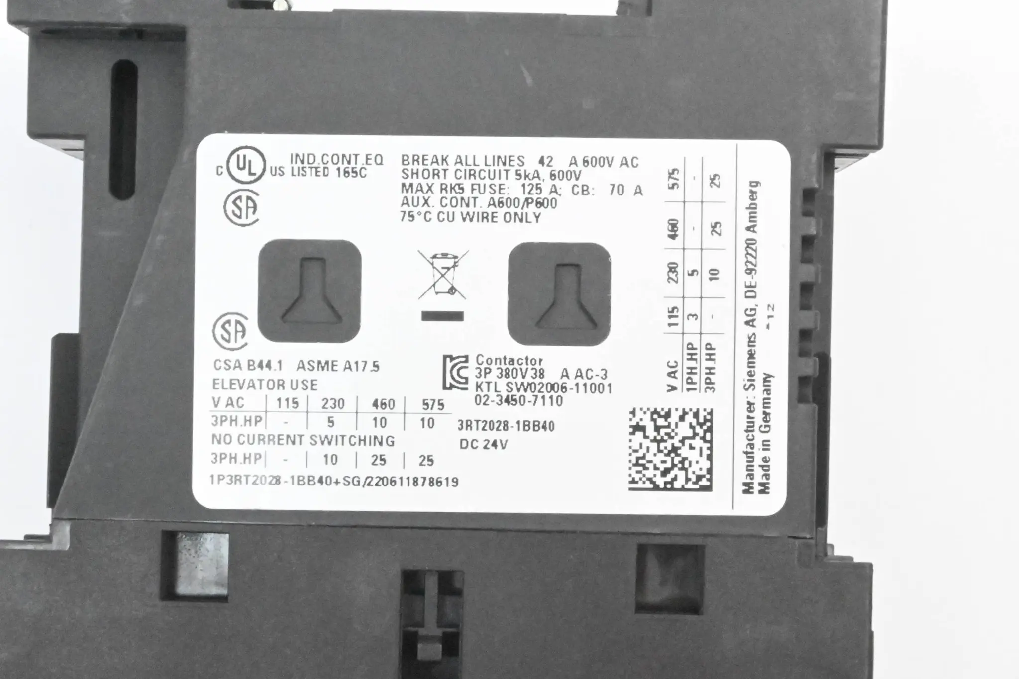 Produktfoto 1 von Siemens Leistungsschütz 3RT2028-1BB40 ( 3RT2 028-1BB40 ) 18,5kW 400V 24VDC