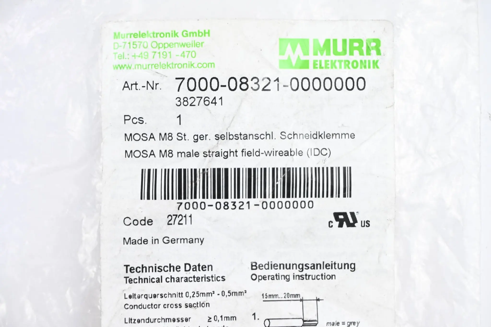 Produktfoto 1 von Murr Elektronik MOSA M8 Stecker 7000-08321-0000000