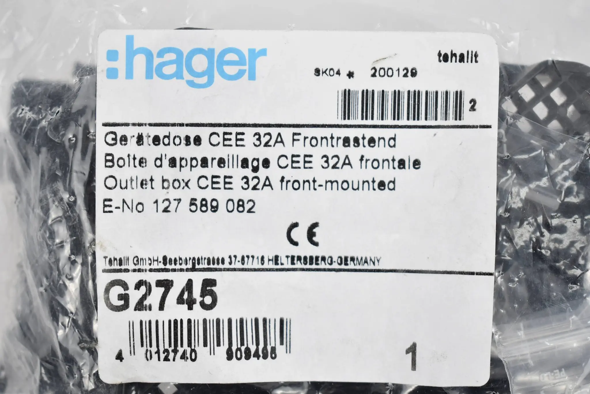 Produktfoto 1 von Hager Geräteeinbaudose CEE 32A Frontrastend G2745