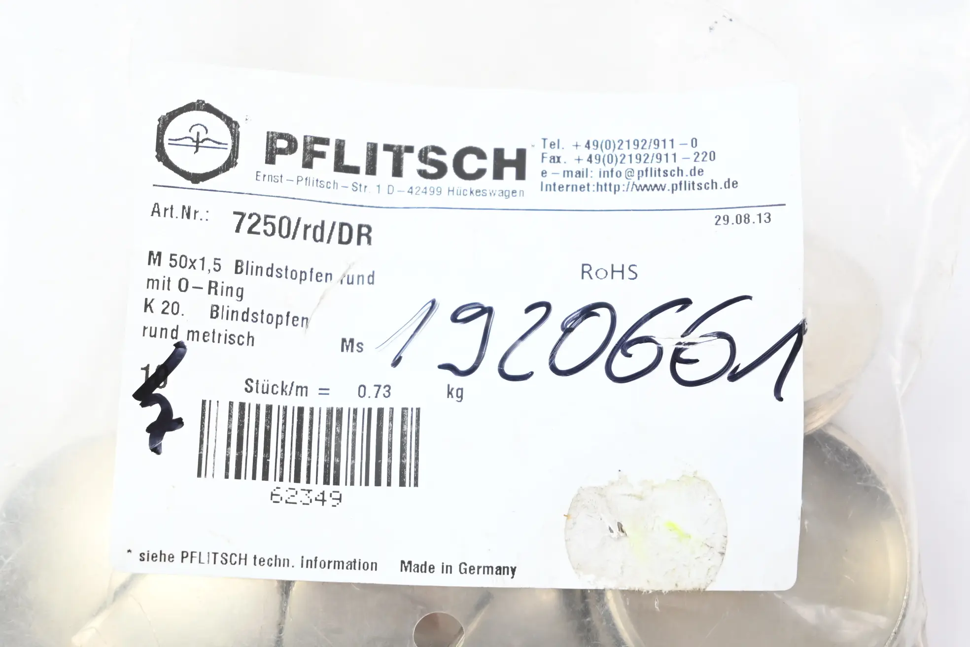 Produktfoto 1 von Pflitsch Blindstopfen rund 7250/rd/DR ( M50x1,5 ) 7 Stück
