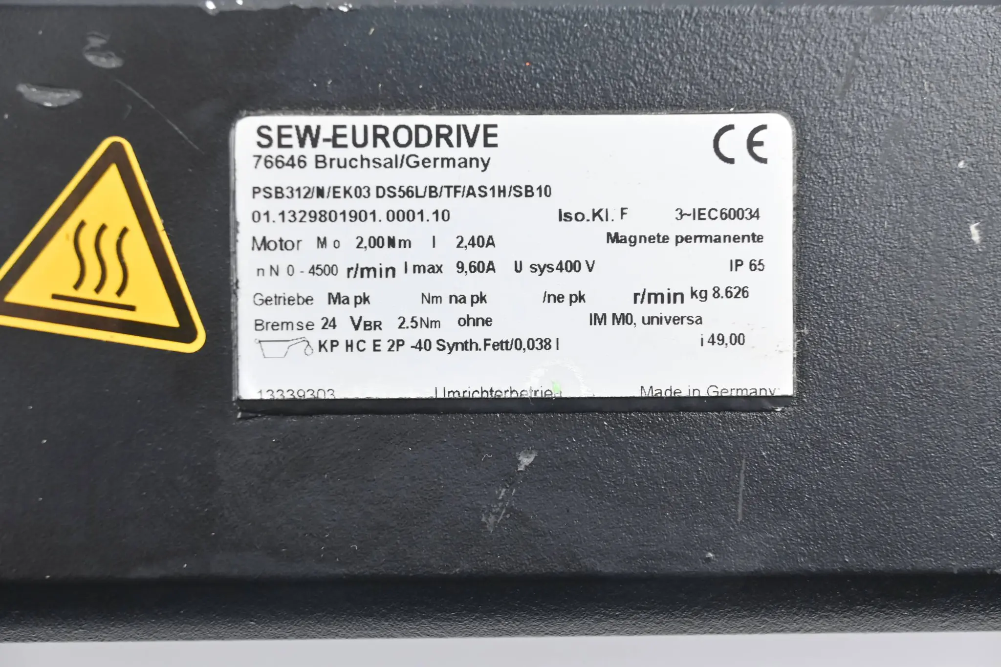 Produktfoto 1 von SEW Eurodrive Servomotor PSB312/N/EK03 DS56L/B/TF/AS1H/SB10 + Planetengetriebe