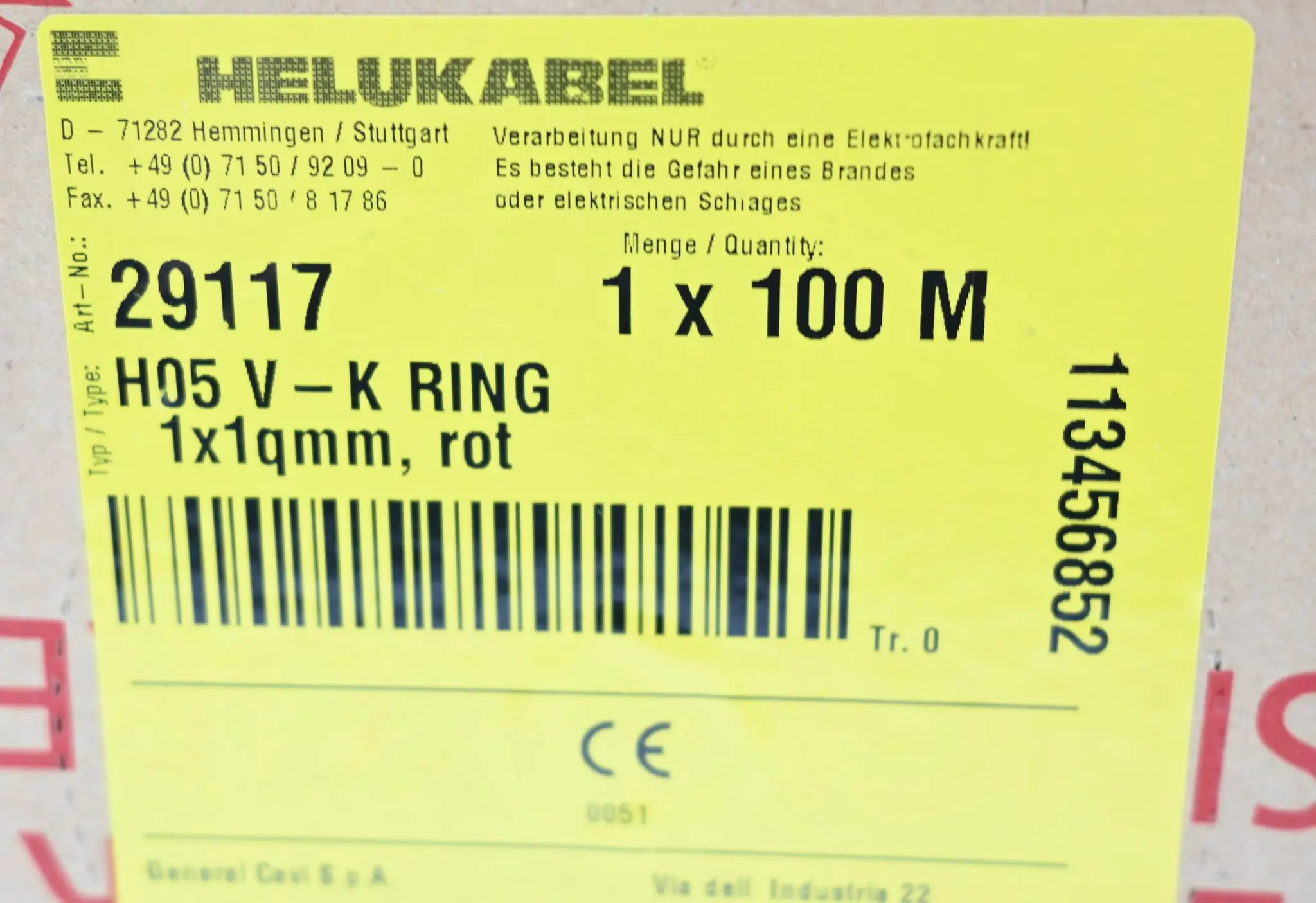 Produktfoto 1 von Helukabel Einzelader H05 V-K Ring 1x1qmm, rot ( 29117 ) 100m