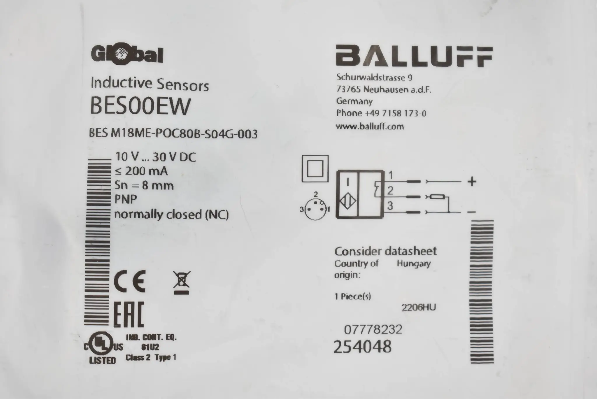 Produktfoto 1 von Balluff Induktiver Sensor BES00EW ( BES M18ME-POC80B-S04G-003 )