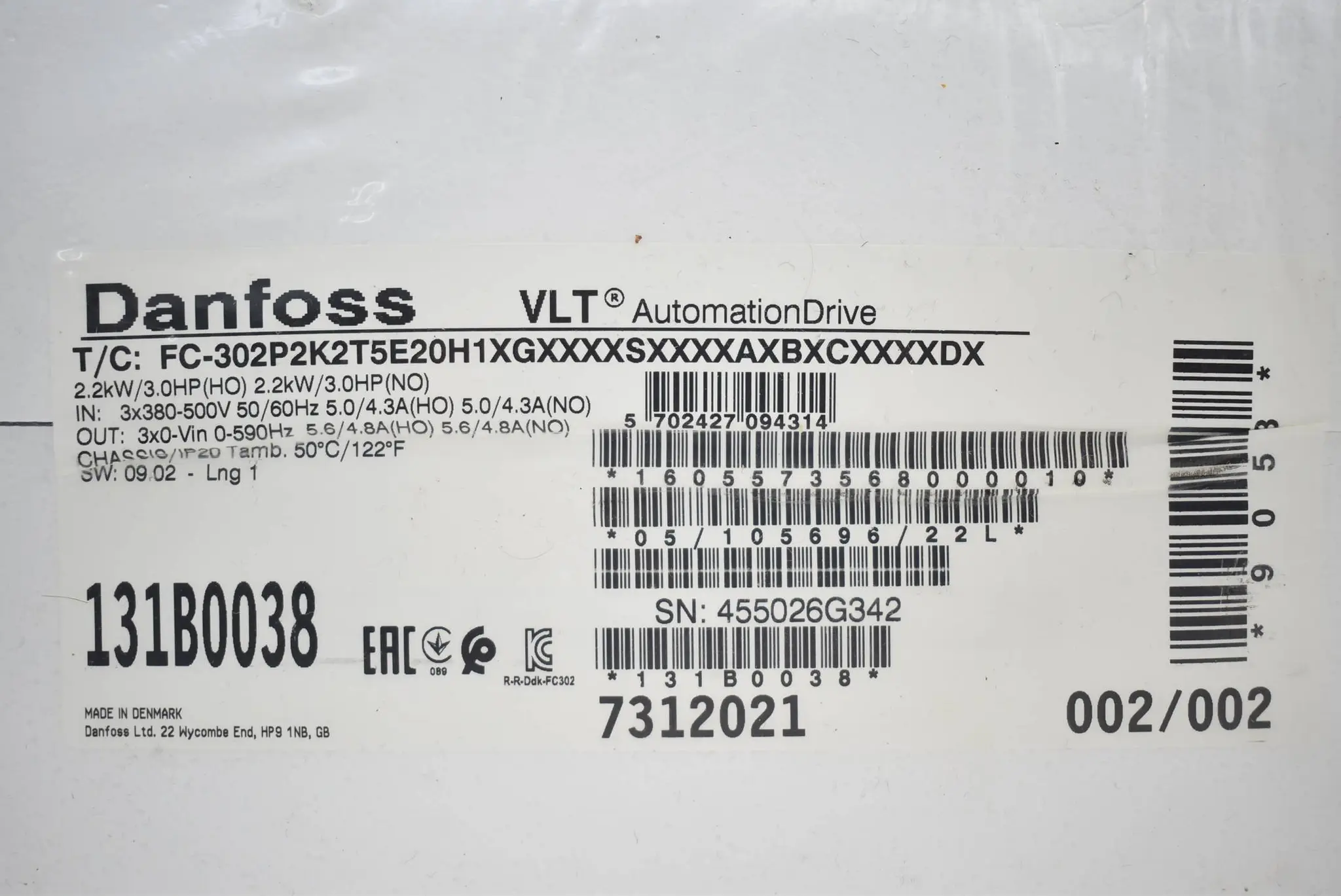 Produktfoto 1 von Danfoss VLT FC-302P2K2T5E20H1XGXXXXSXXXXAXBXCXXXXDX ( 131B0038 )