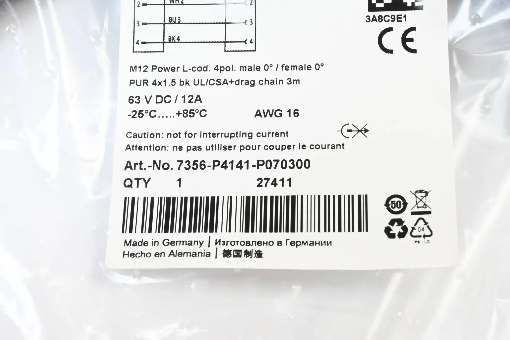 Produktfoto 1 von Murr Elektronik M12 Power L-kod. 4pol. St. 0° / Bu. 0° 3m ( 7356-P4141-P070300 )