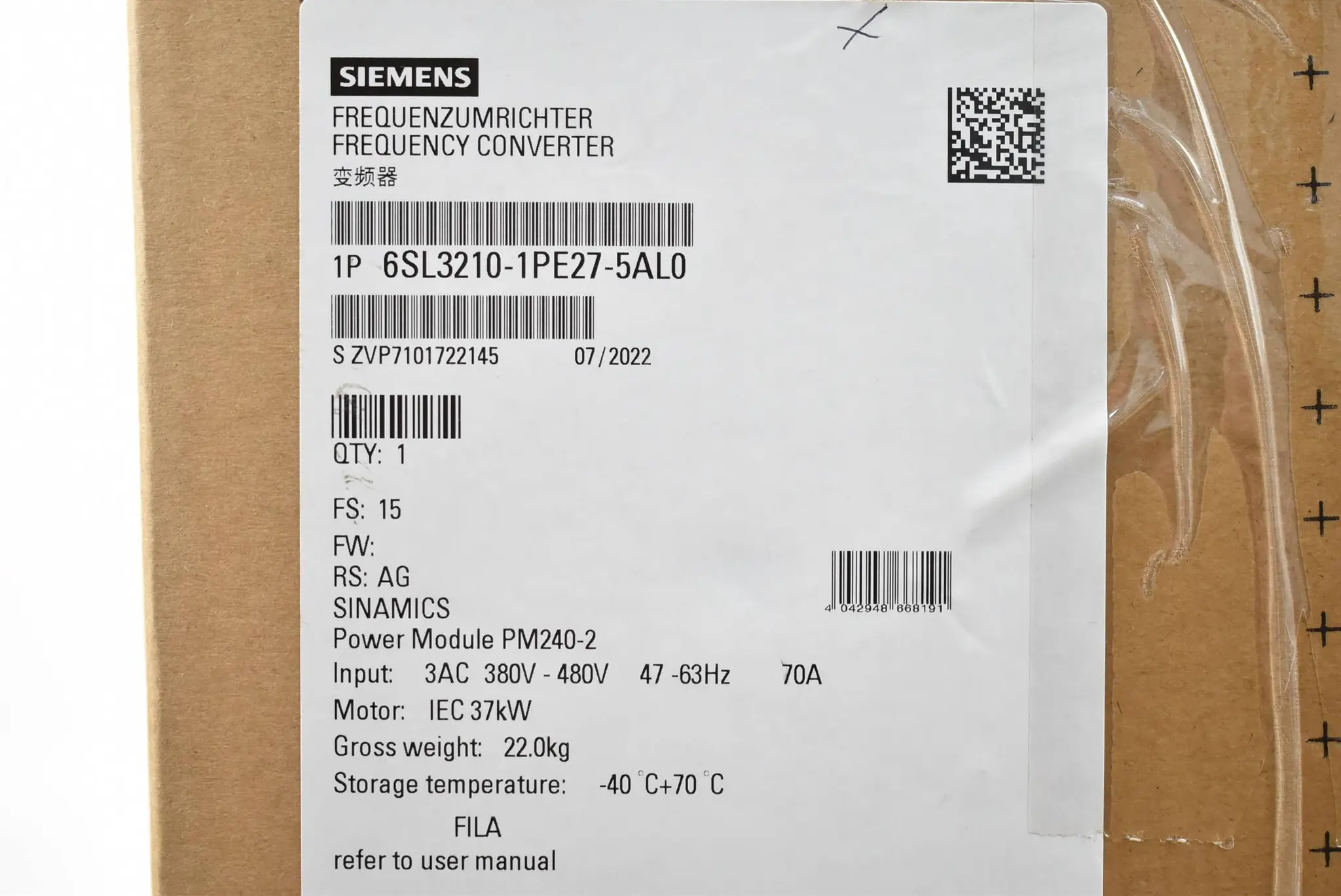 Produktfoto 1 von Siemens G120 PM240-2 37kW 6SL3210-1PE27-5AL0 ( 6SL3 210-1PE27-5AL0 ) E15