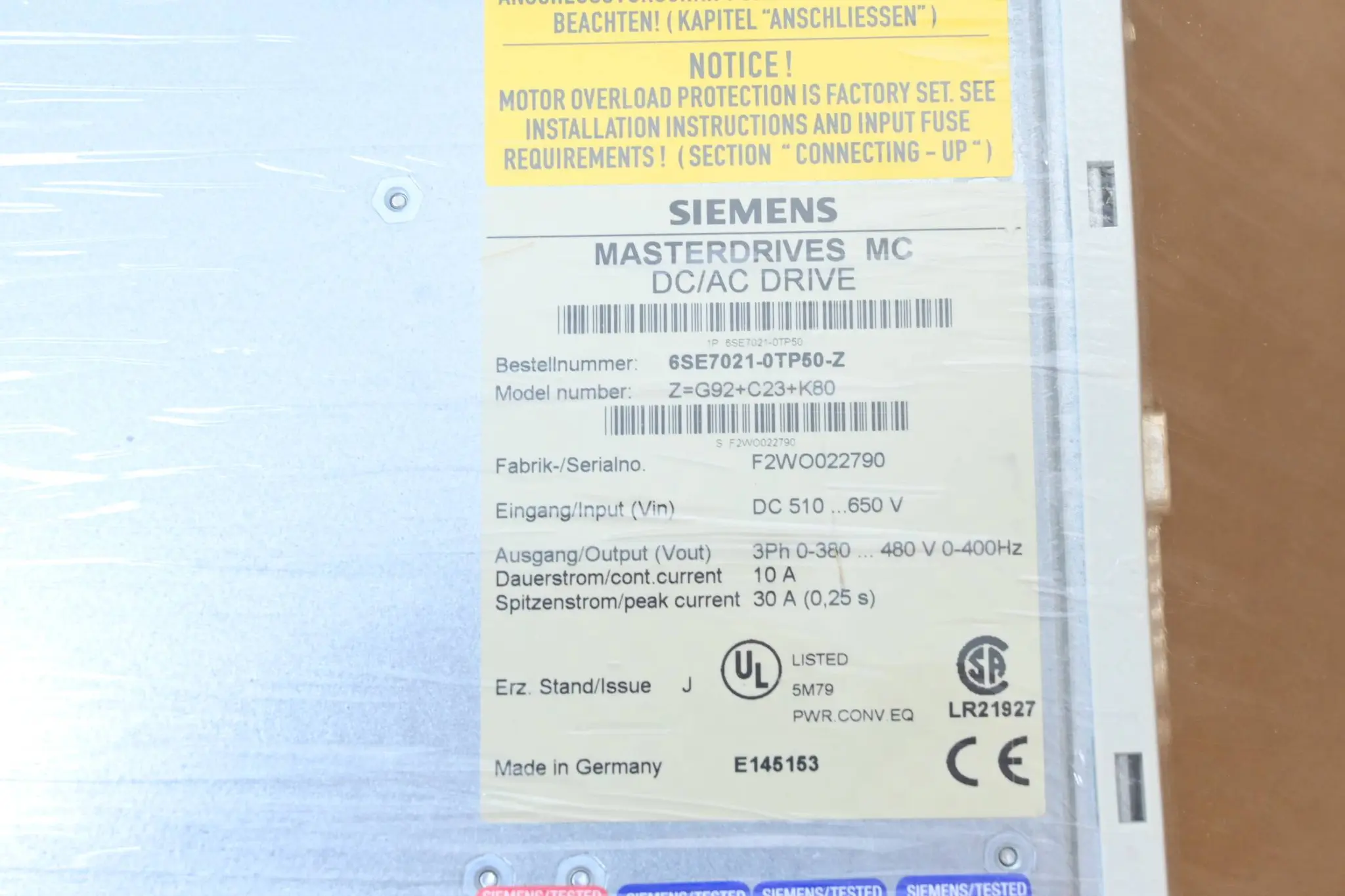 Produktfoto 1 von Siemens Masterdrives MC DC/AC Drive 6SE7021-0TP50-Z ( 6SE7 021-0TP50-Z ) Ver. J