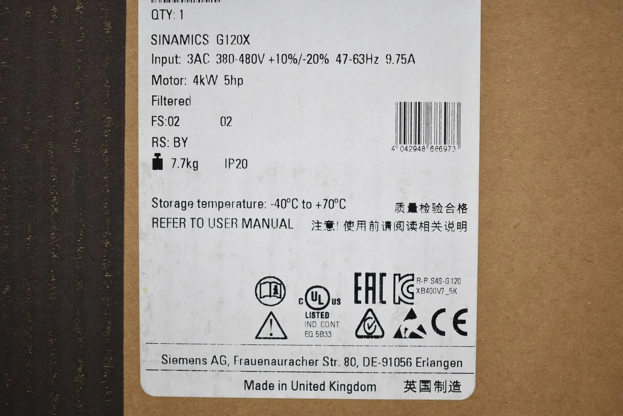 Produktfoto 1 von Siemens sinamics G120X 6SL3 220-3YE20-0AF0 ( 6SL3220-3YE20-0AF0 ) E02 ( 4kW )