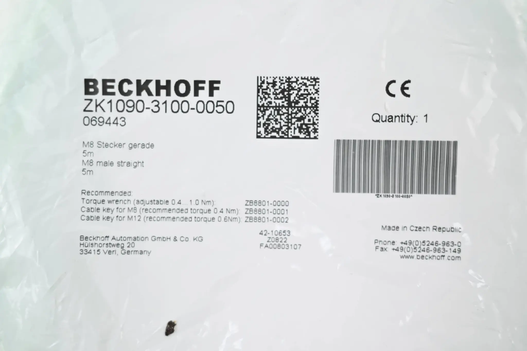 Produktfoto 1 von Beckhoff EtherCAT-Leitung ZK1090-3100-0050 ( M8 Stecker gerade ) 5m
