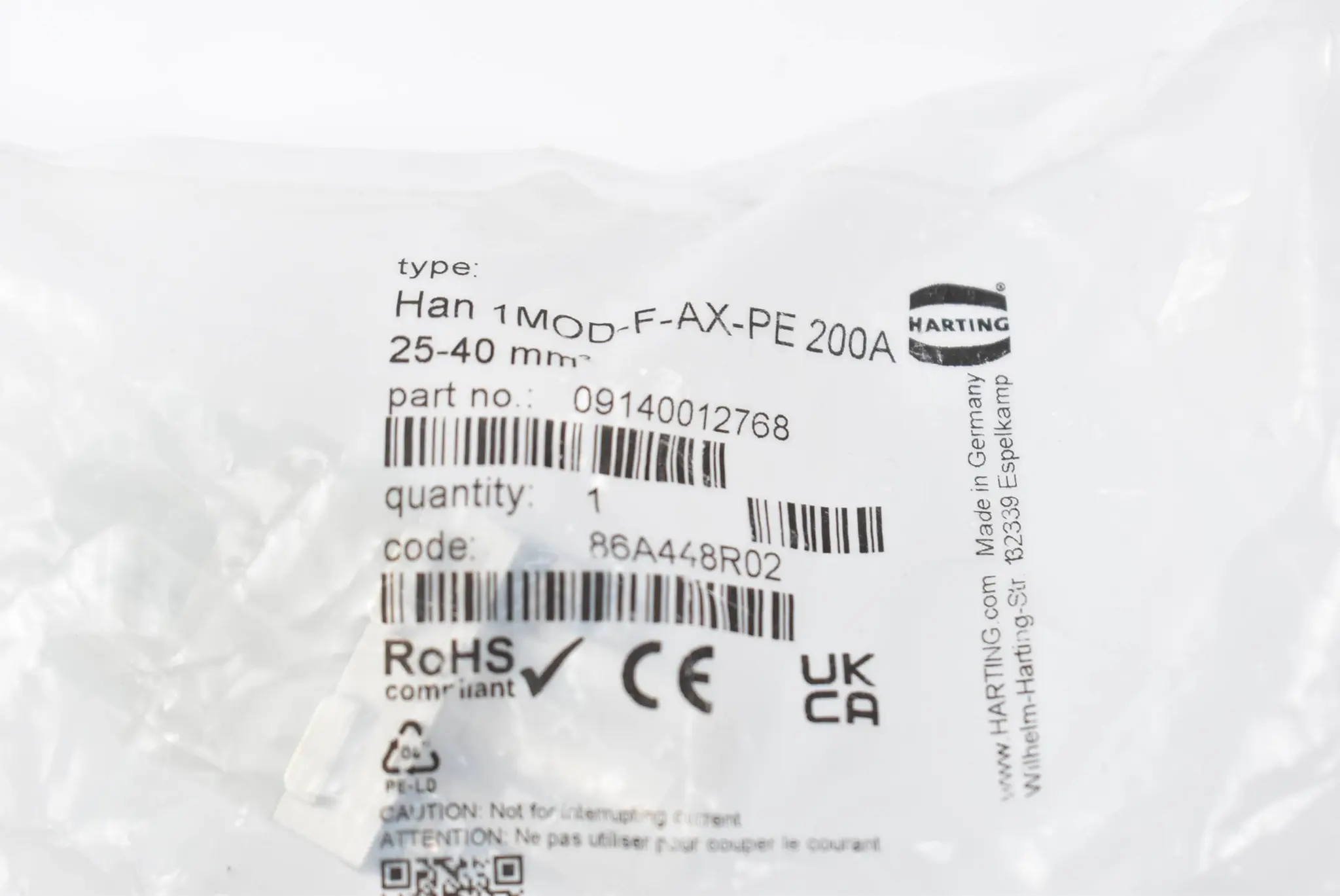Produktfoto 1 von Harting Axial Modul HAN 1MOD-F-AX-PE 200A ( 09140012768 )