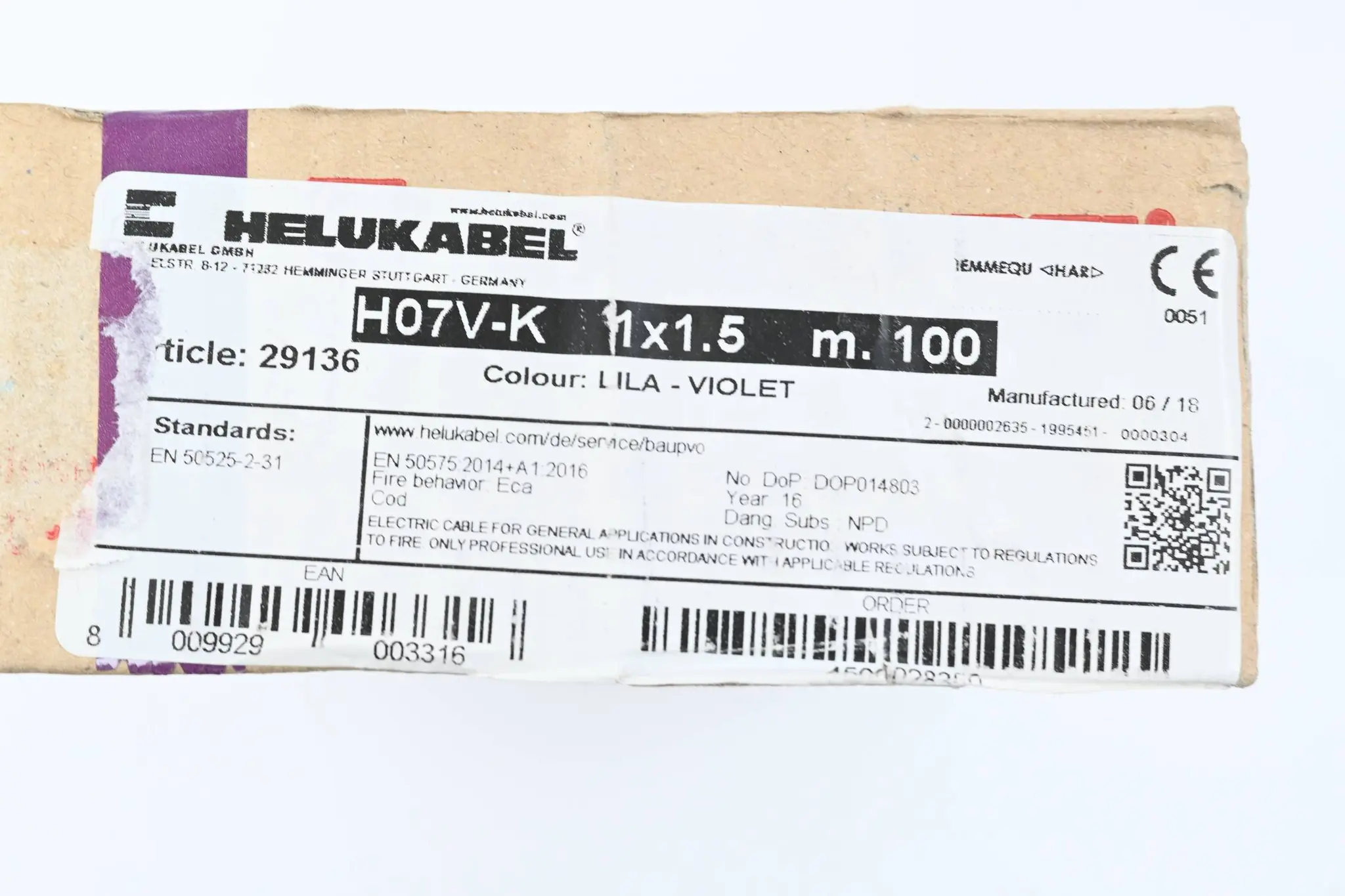 Produktfoto 1 von Helukabel Einzelader H07V-K Ring 1x1,5qmm, Lila-Violet ( 29136 ) 100m