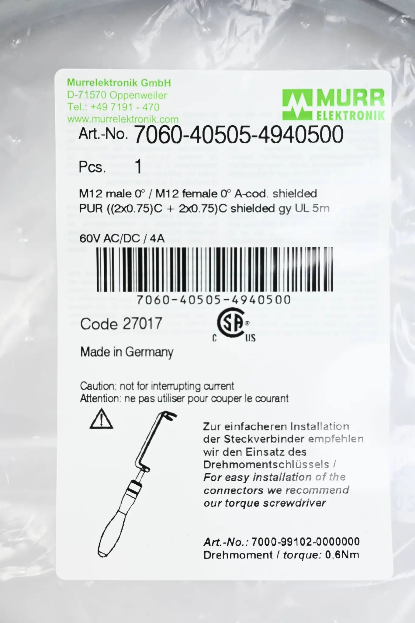 Produktfoto 1 von Murr Elektronik Verbindungskabel 7060-40505-4940500 ( 5,0m )