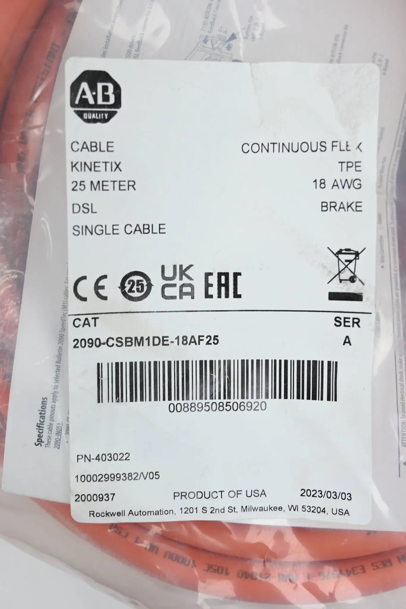 Produktfoto 1 von Allen Bradley Hybrid-Servomotorkabel 2090-CSBM1DE-18AF25 ( 25,0m )