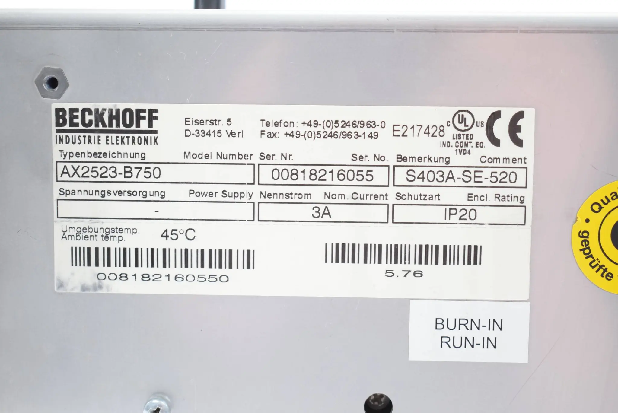 Produktfoto 1 von Beckhoff AX2523 Digital Servoverstärker AX2523-B750 ( S403A-SE-520 )