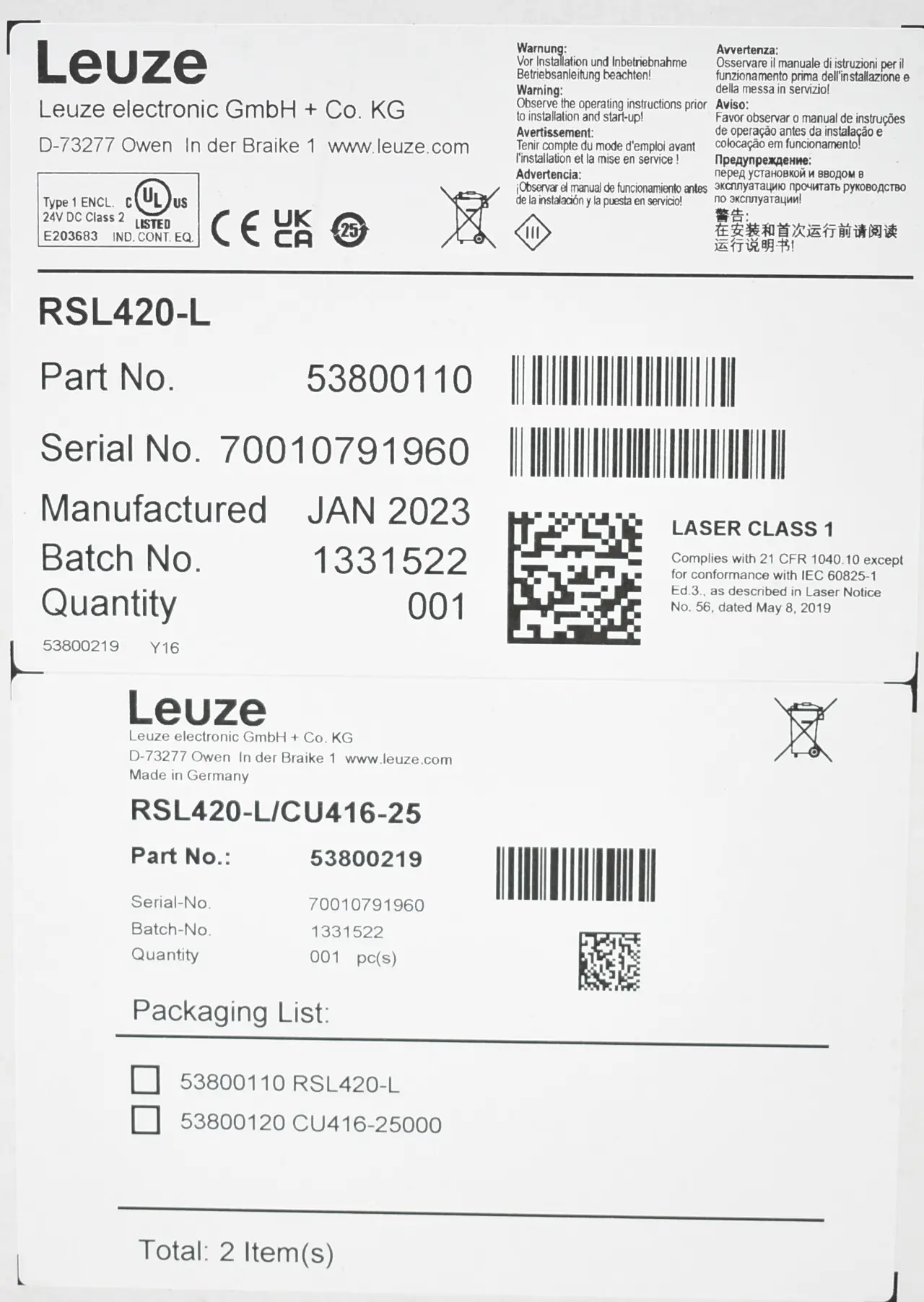 Produktfoto 1 von Leuze RSL420-L/CU416-25 Sicherheits-Laserscanner 53800219 ( RSL420-L ) 53800110