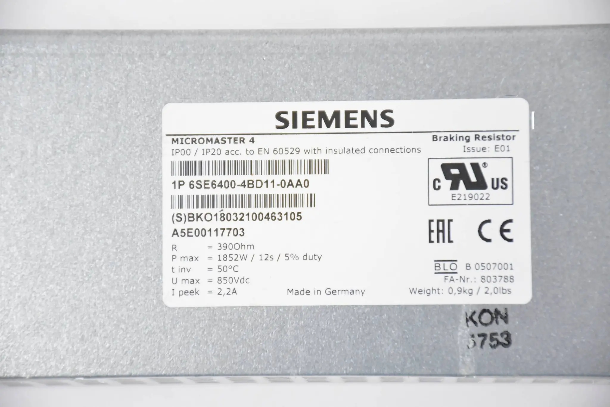 Produktfoto 1 von Siemens Micromaster 4 Bremswiderstand 6SE6400-4BD11-0AA0 ( 6SE6 400-4BD11-0AA0 )