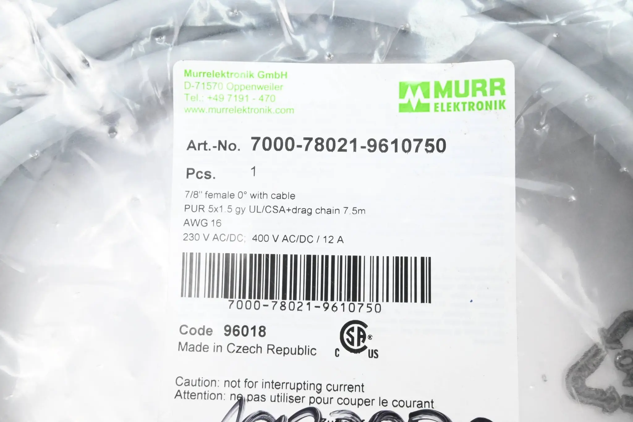 Produktfoto 1 von Murr Elektronik 7/8'' Bu. 0° freies Ltg-ende Kabel 7,5m ( 7000-78021-9610750 )