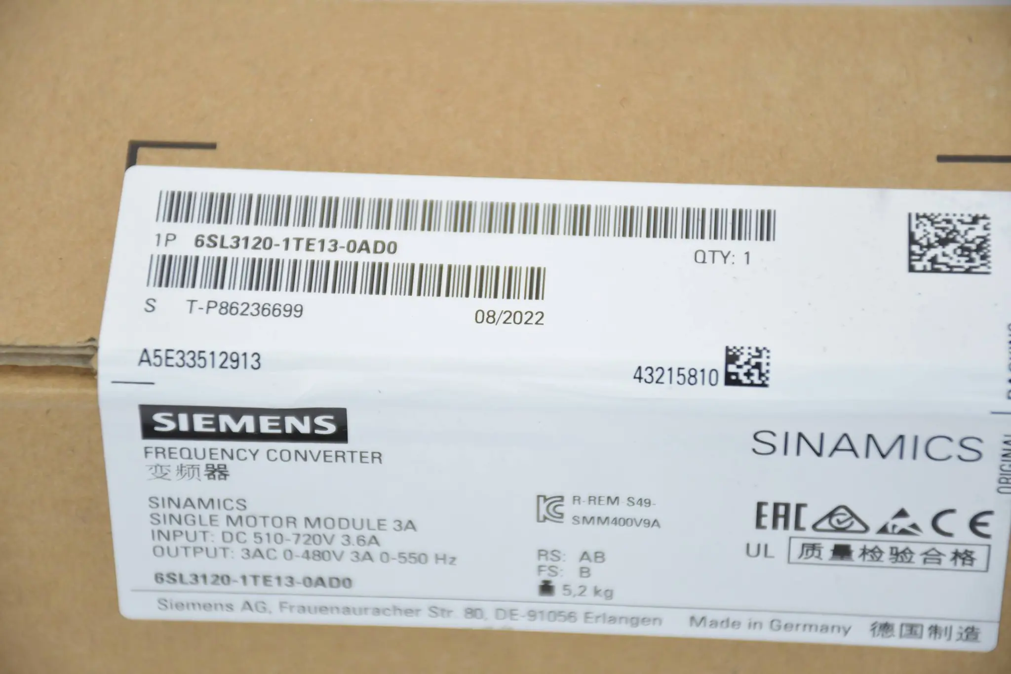 Produktfoto 1 von Siemens Sinamics SMM 6SL3120-1TE13-0AD0 ( 6SL3 120-1TE13-0AD0 ) E.B