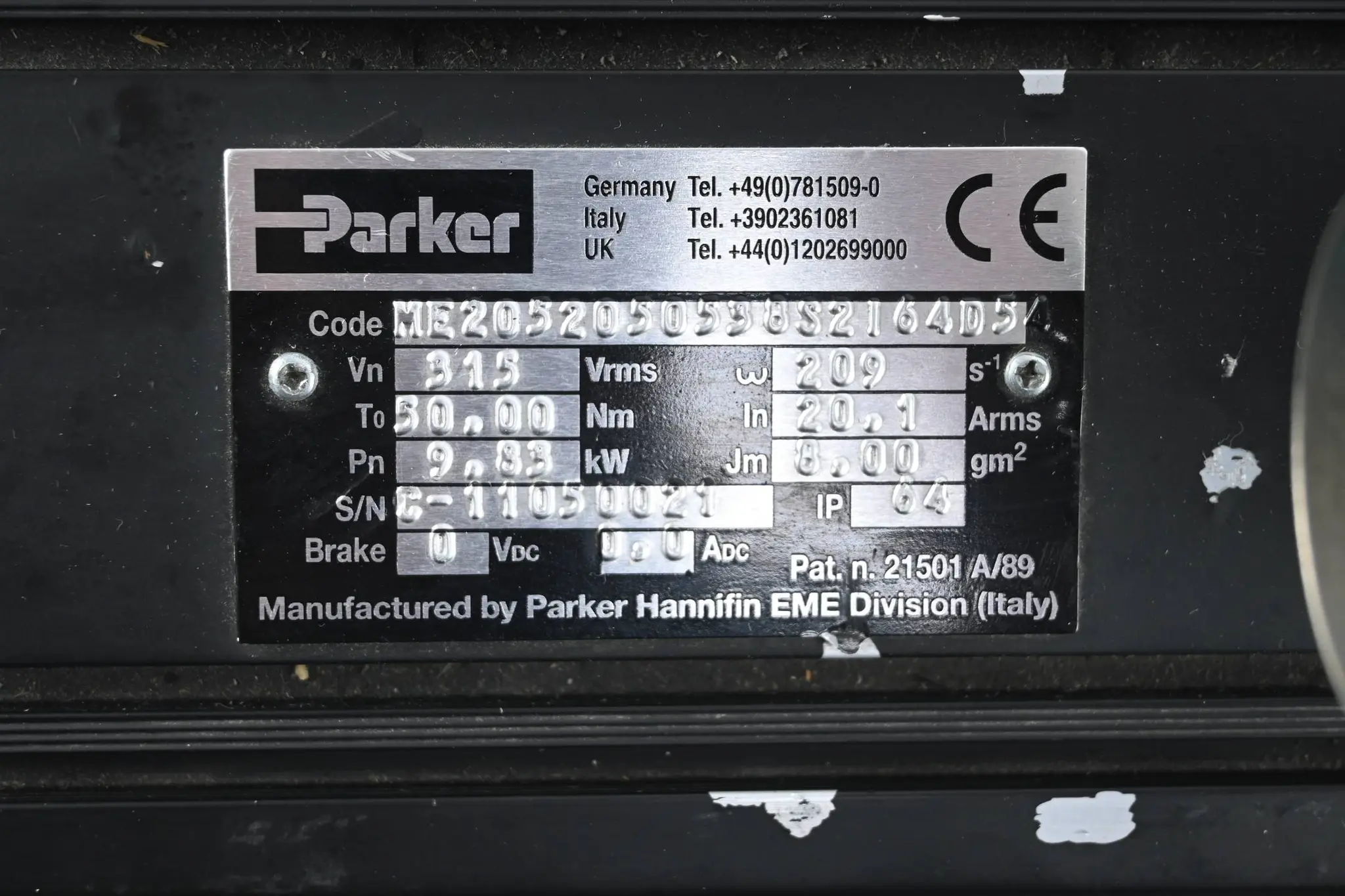 Produktfoto 1 von Parker Servomotor ME2052050538S2164D5 ( 9.83kW 315/min )