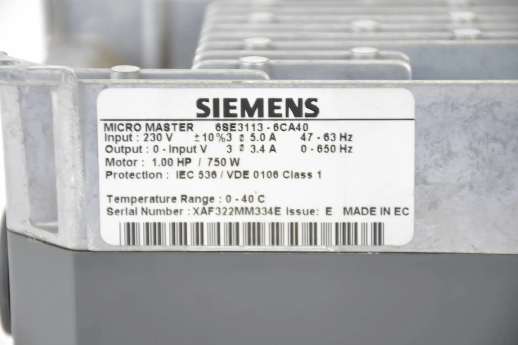 Produktfoto 1 von Siemens simovert P Micromaster 1/3-PH 6SE3113-6CA40 ( 6SE3 113-6CA40 ) Ver E
