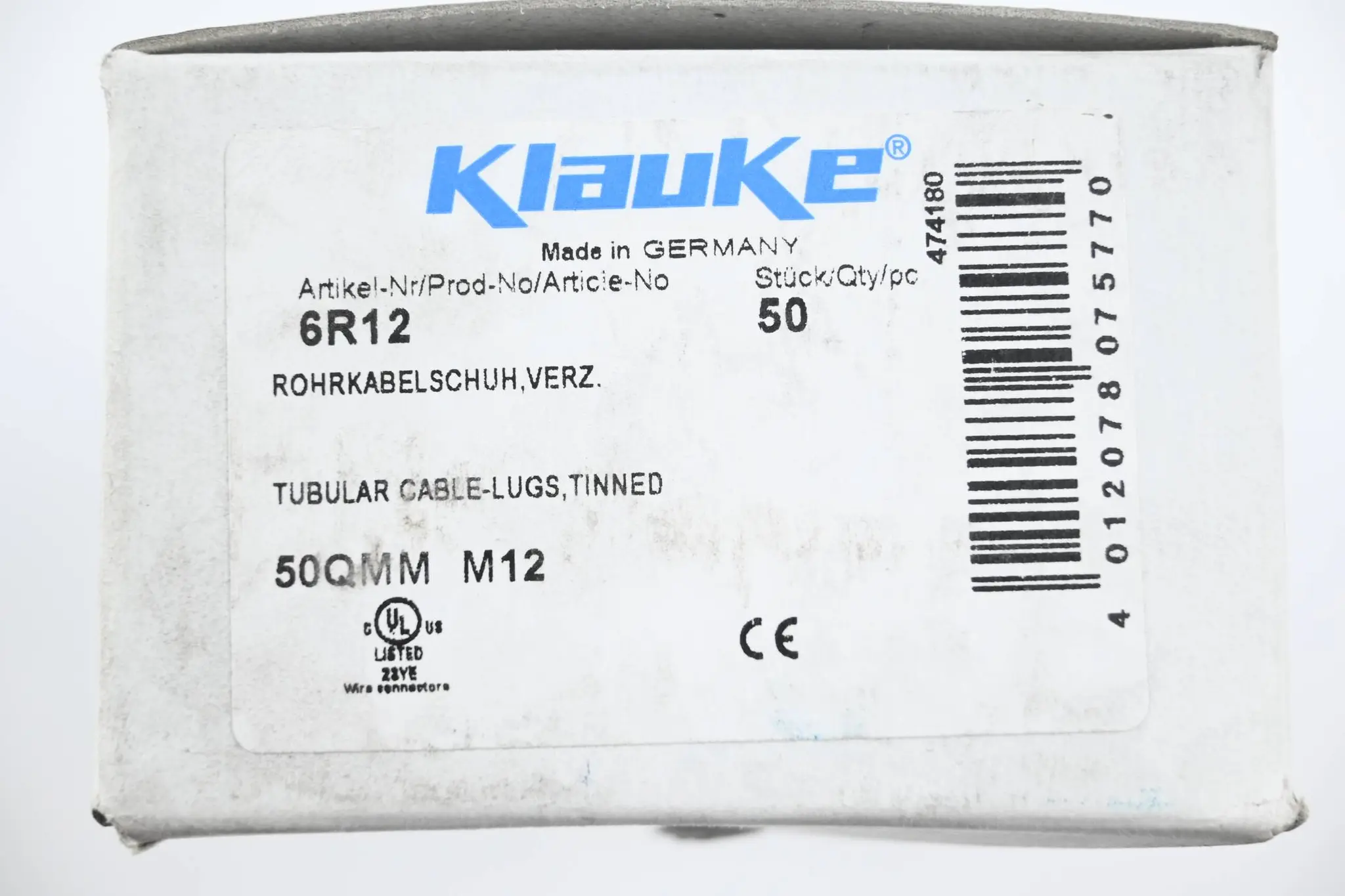 Produktfoto 1 von Klauke 50 Stück Rohrkabelschuh verzinnt 6R12 ( 50QMM M12 )