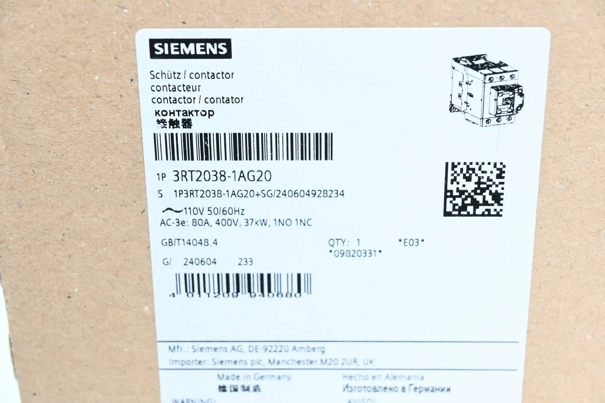 Produktfoto 1 von Siemens Sirius Leistungsschütz 3RT2038-1AG20 ( 3RT2 038-1AG20 )