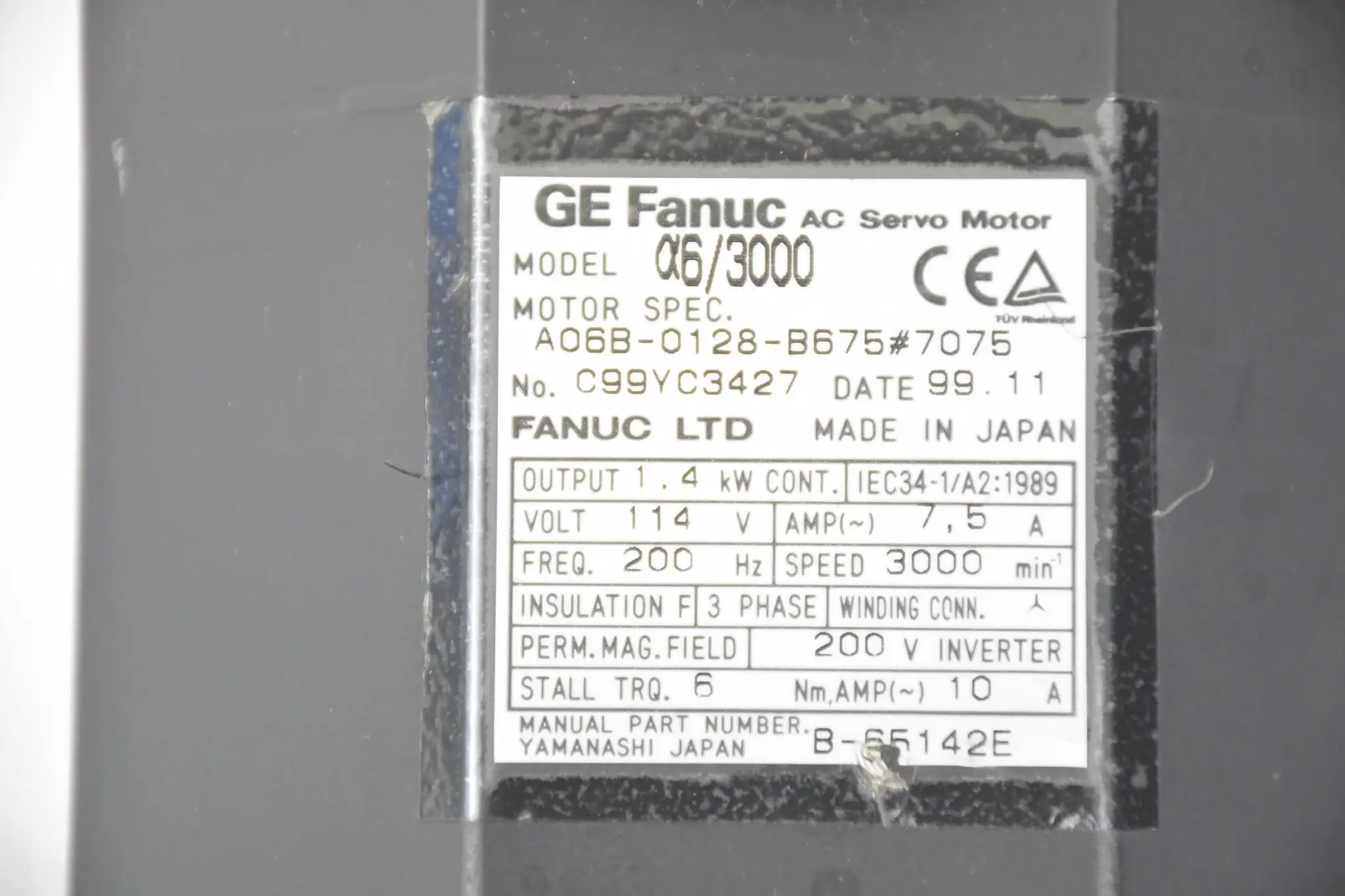Produktfoto 1 von Fanuc AC Servo Motor Modell 6/3000 A06B-0128-B675#7075