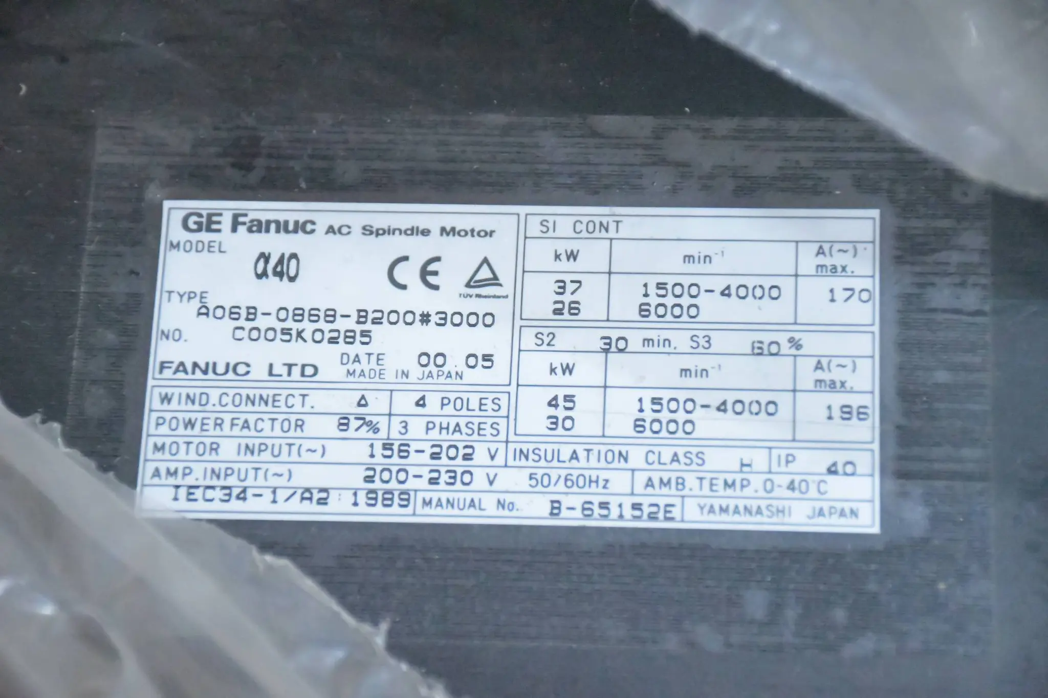 Produktfoto 1 von Fanuc LTD. AC Spindelmotor A06B-0868-B200#3000