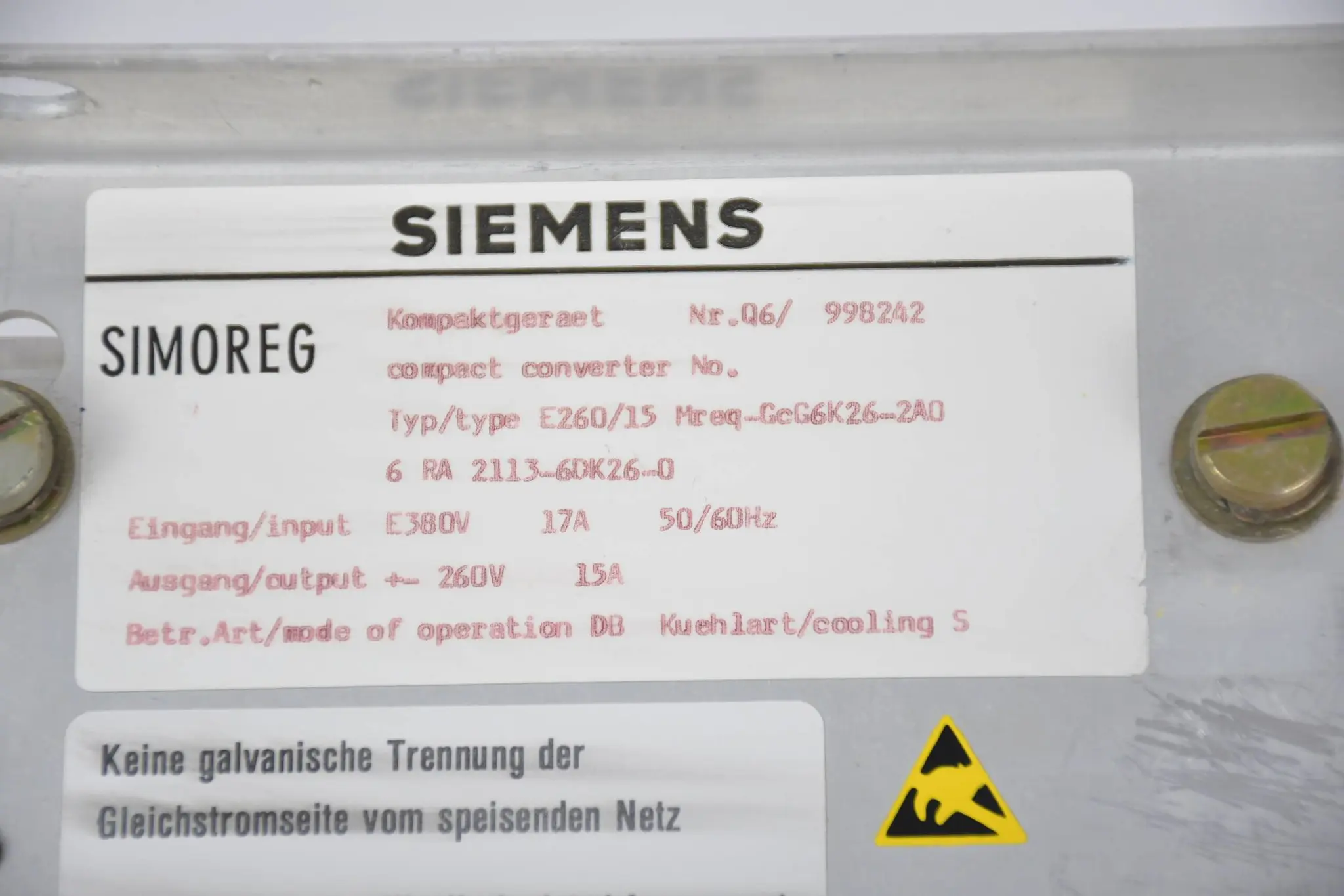 Produktfoto 1 von Siemens simoreg K Stromrichtergerät 6RA 2113-6DK26-0 ( 6RA2113-6DK26-0 )