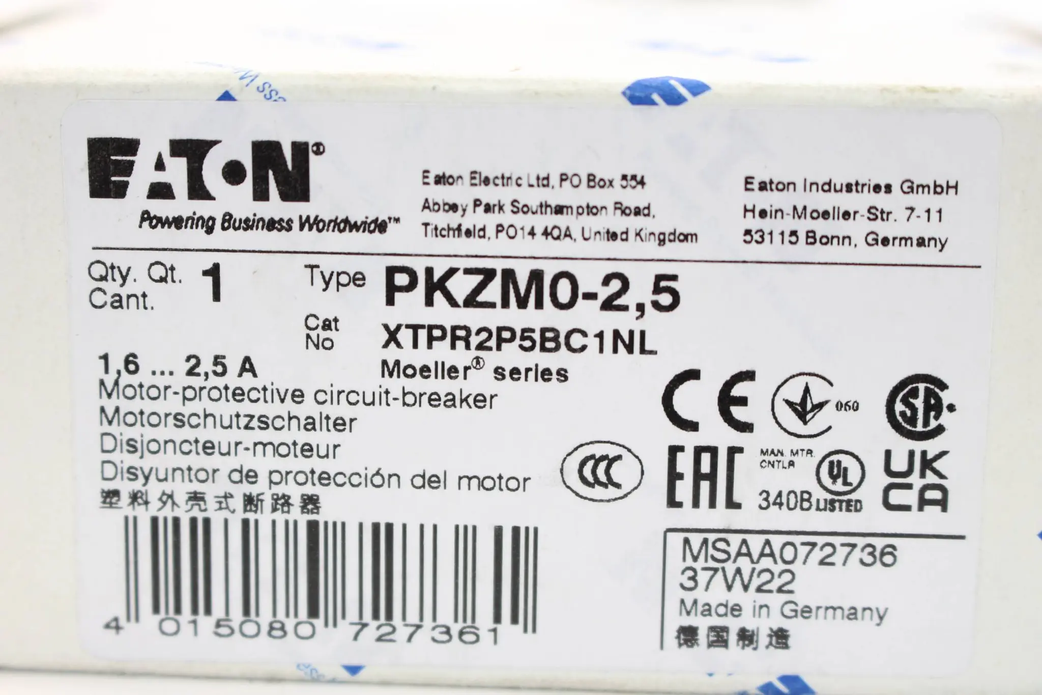 Produktfoto 1 von Eaton PKZM0-2,5 Motorschutzschalter 1,6 - 2,5 A ( XPR2P5BC1 )