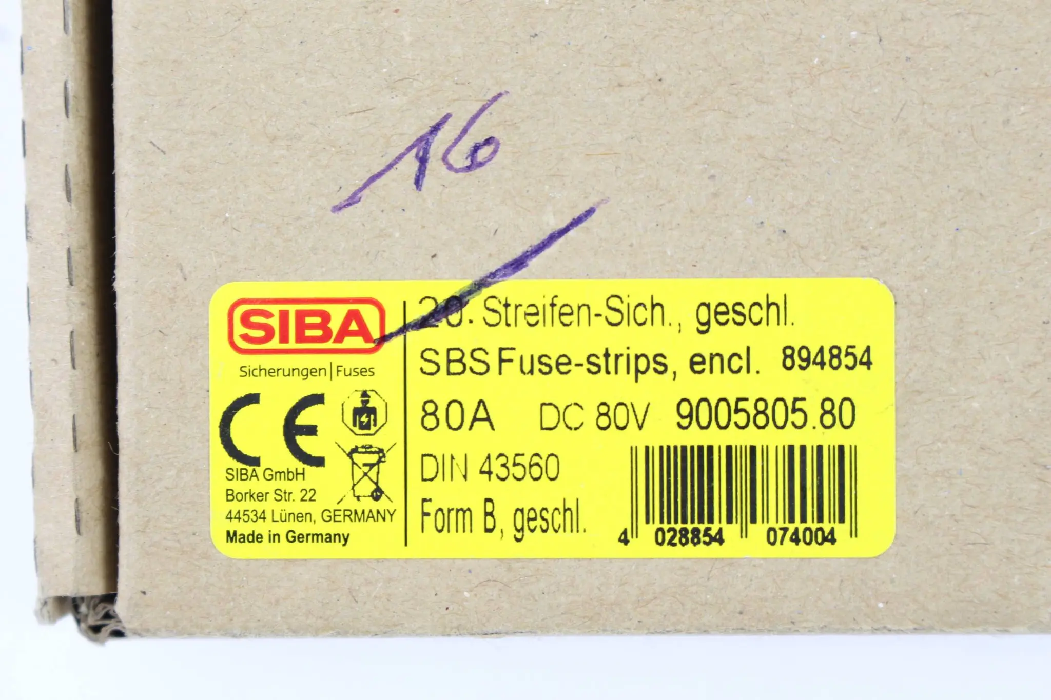 Produktfoto 1 von SIBA SBS Sicherungen 9005805.80 ( 894854 ) 16 Stück