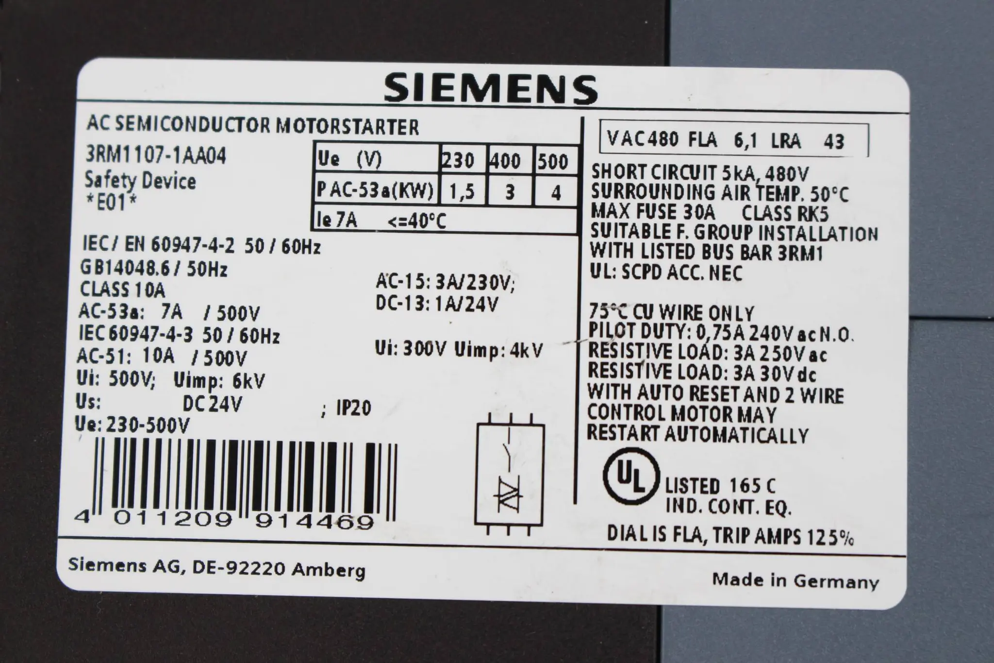 Produktfoto 1 von Siemens AC Halbleiter-Motorstarter 3RM1107-1AA04