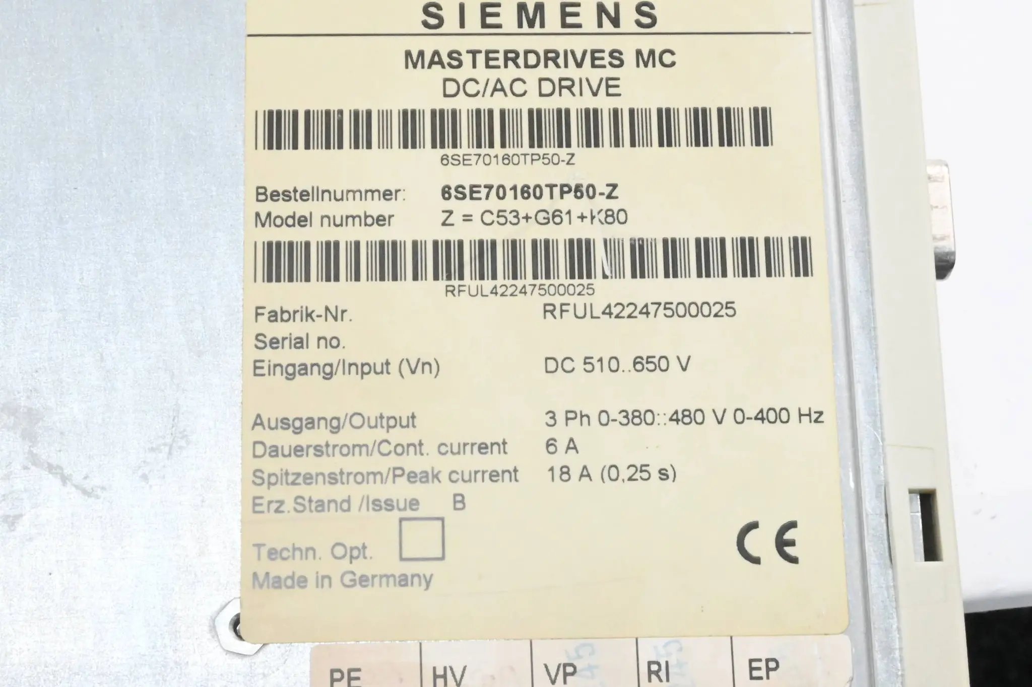 Produktfoto 1 von GENERALÜBERHOLT Siemens Masterdrives MC 6SE7016-0TP50-Z ( Z=C53 + G61 + K80 ) EB